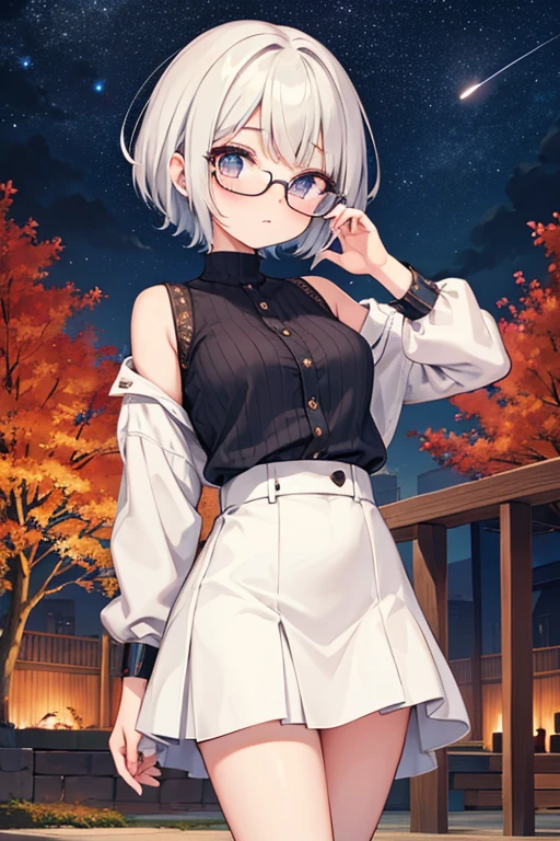 Cute girl with fashionable short haircut、eye glass、((Hairy))、Autumn night sky、Stargazing