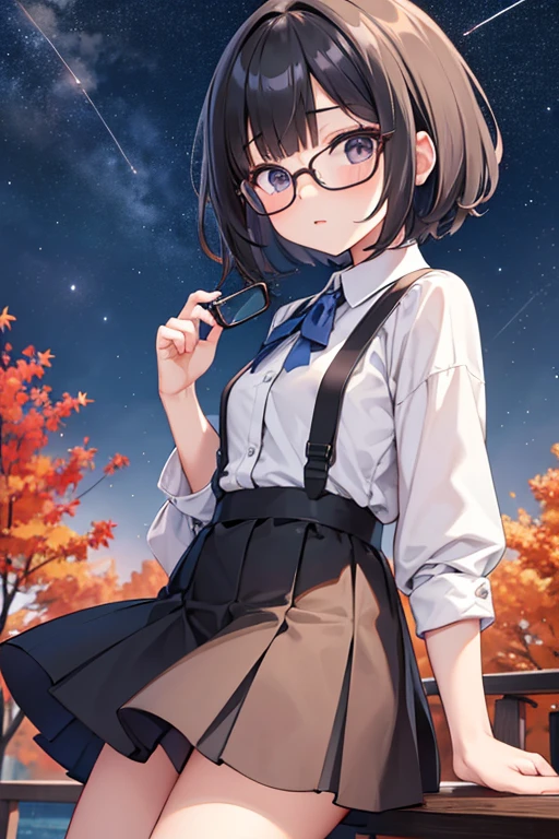 Cute girl with fashionable short haircut、eye glass、Autumn night sky、Stargazing