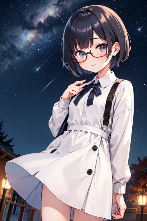 Cute girl with fashionable short haircut、eye glass、((Hairy))、Autumn night sky、Stargazing