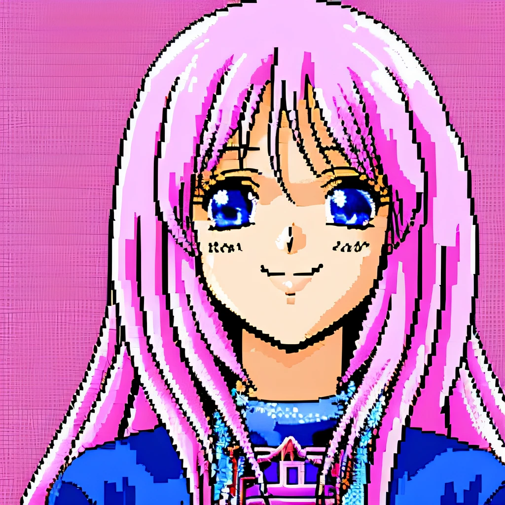 dithering,  pixel art,  halftone, pattern,  female, pink hair, blue eyes, smile, portrait