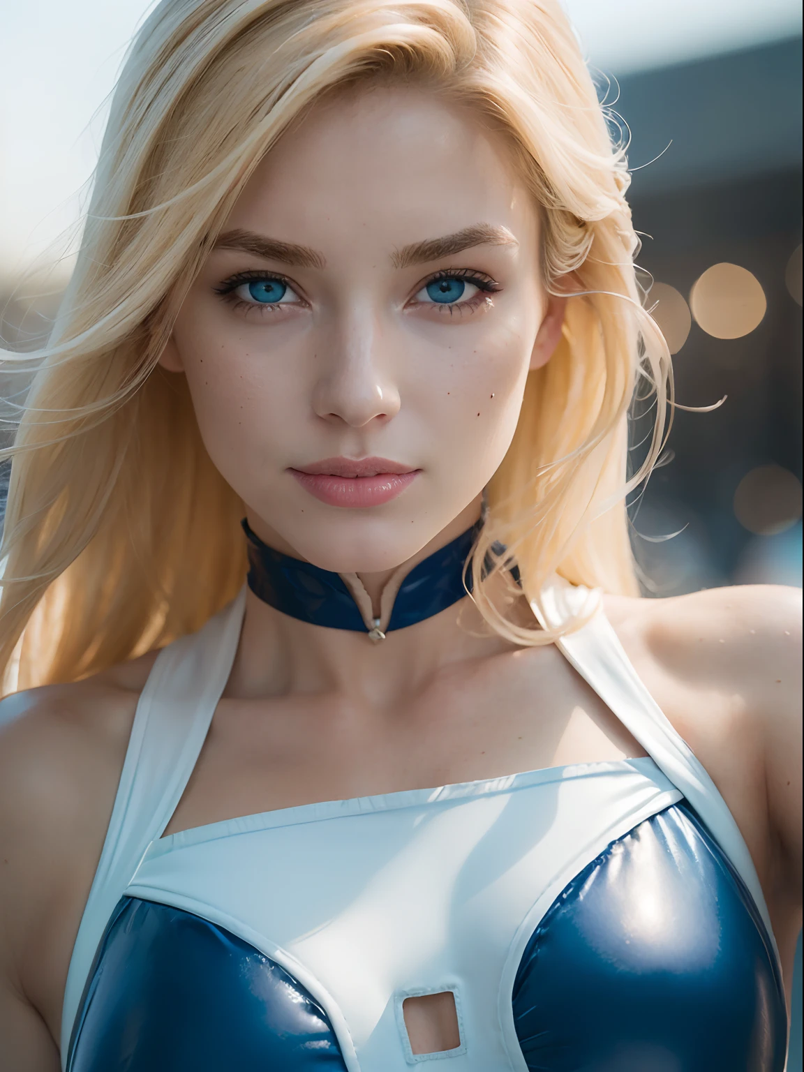 (masterpiece, best quality:1.4), (close up:1.7), (face focus:1.8), 1girl, solo, (european youth:1), city background, susan storm, blue eyes, blonde hair, 21 years old, clothing cutout, "4" symbol on chest, blue leotard, white thighhighs, white gloves, looking at viewer, beautifull smile, beautiful face, highly detailed face, highly detailed eyes, subsurface scattering, realistic pupils, full face blush, full lips, detailed background, depth of field, volumetric lighting, sharp focus, absurdres, realistic proportions, (realistic, hyperrealistic:1.4), 16k hdr,