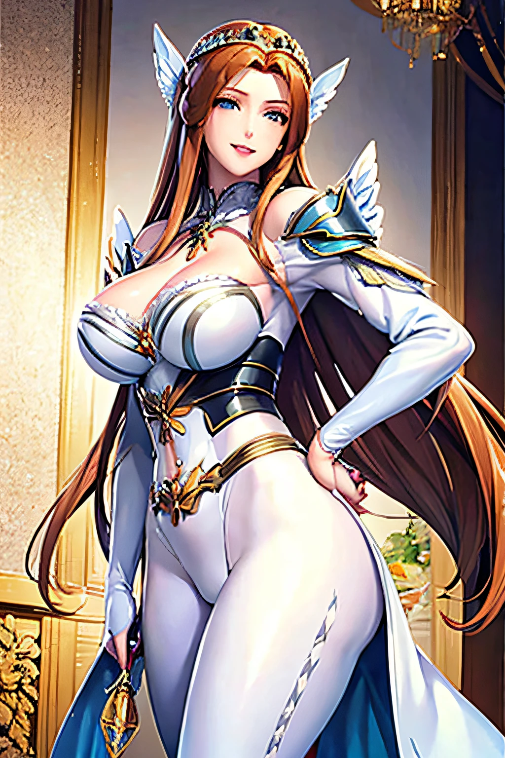 Caucasian Girl, pretty face, ginger long hair, blue eyes, white armor , Large thighs, hourglass body, elegance, large angel wings, black pants, Princess Diadem, smiling, F cup, realistic face