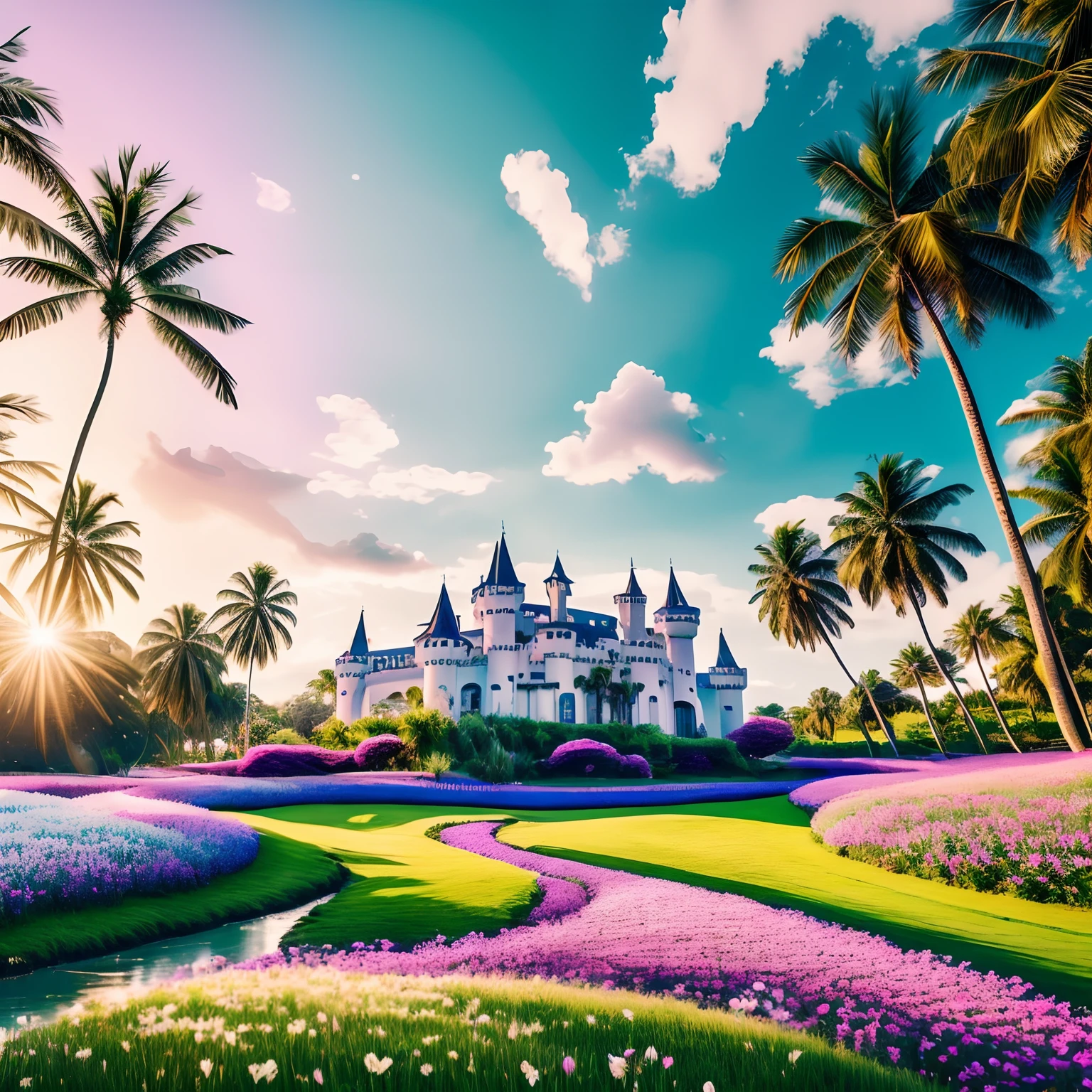 (Masterpiece),(Best Quality), an meadow, large green areas with tall grass,
tall palm trees with purple leaves, a river winding through the area,
majestic white horses grazing, a gravel path with pink and blue roses on each side winding through the area,
blurred grand old castle, beach