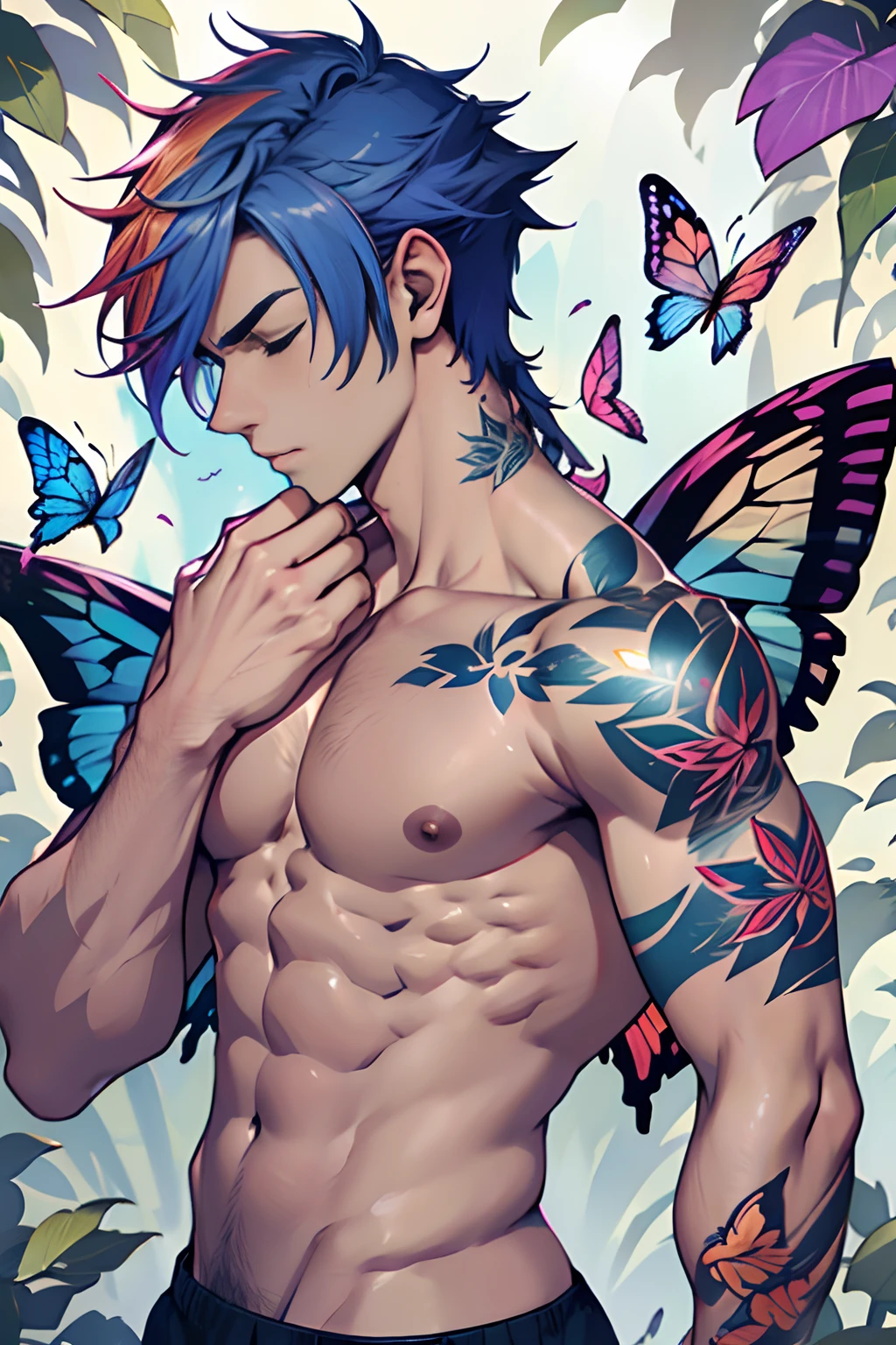 Extremely masculine muscular man, rainbow  hair, tattoos,butterfly Wings , many multicolored butterflies surround him as he sleeps