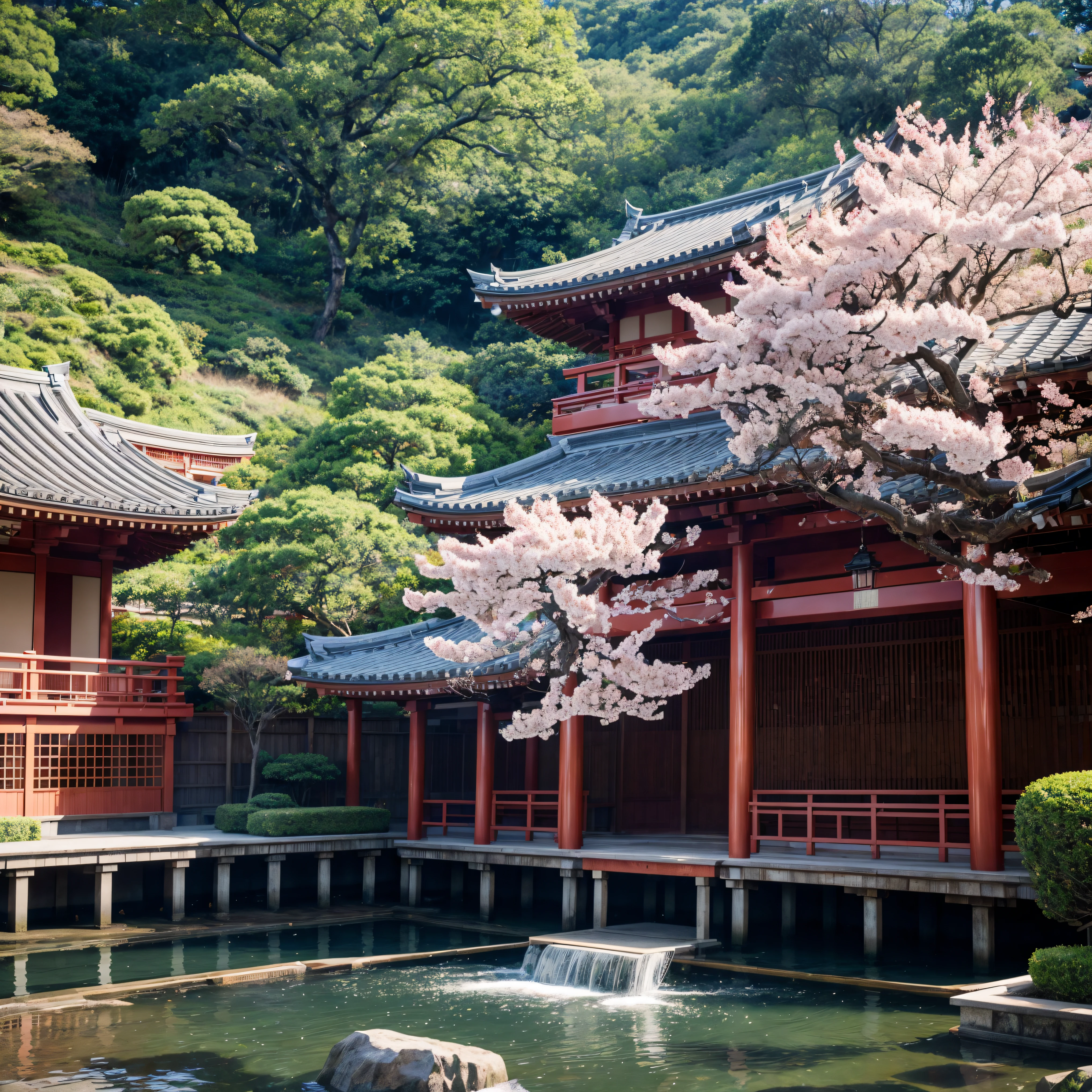 masterpiece, a photography of a building with a bunch of pink flowers in front of it, by Torii Kiyomasu, flickr, sōsaku hanga, an altar of a temple, kodak portra 4 0 0, sakura tree in background, high-end onsen, intricate details, cinematic light, godrays, 8k, ultra hd, sharpness, extreme detailed