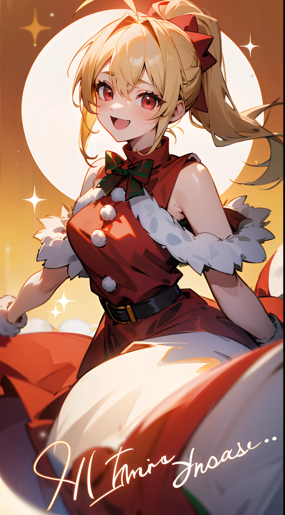 1girl in、Blonde ponytail、Ahoge、big round red eyes、small tits、A smile、Laugh、Christmas、Dressed in Santa Claus costume、Colors based on red and green