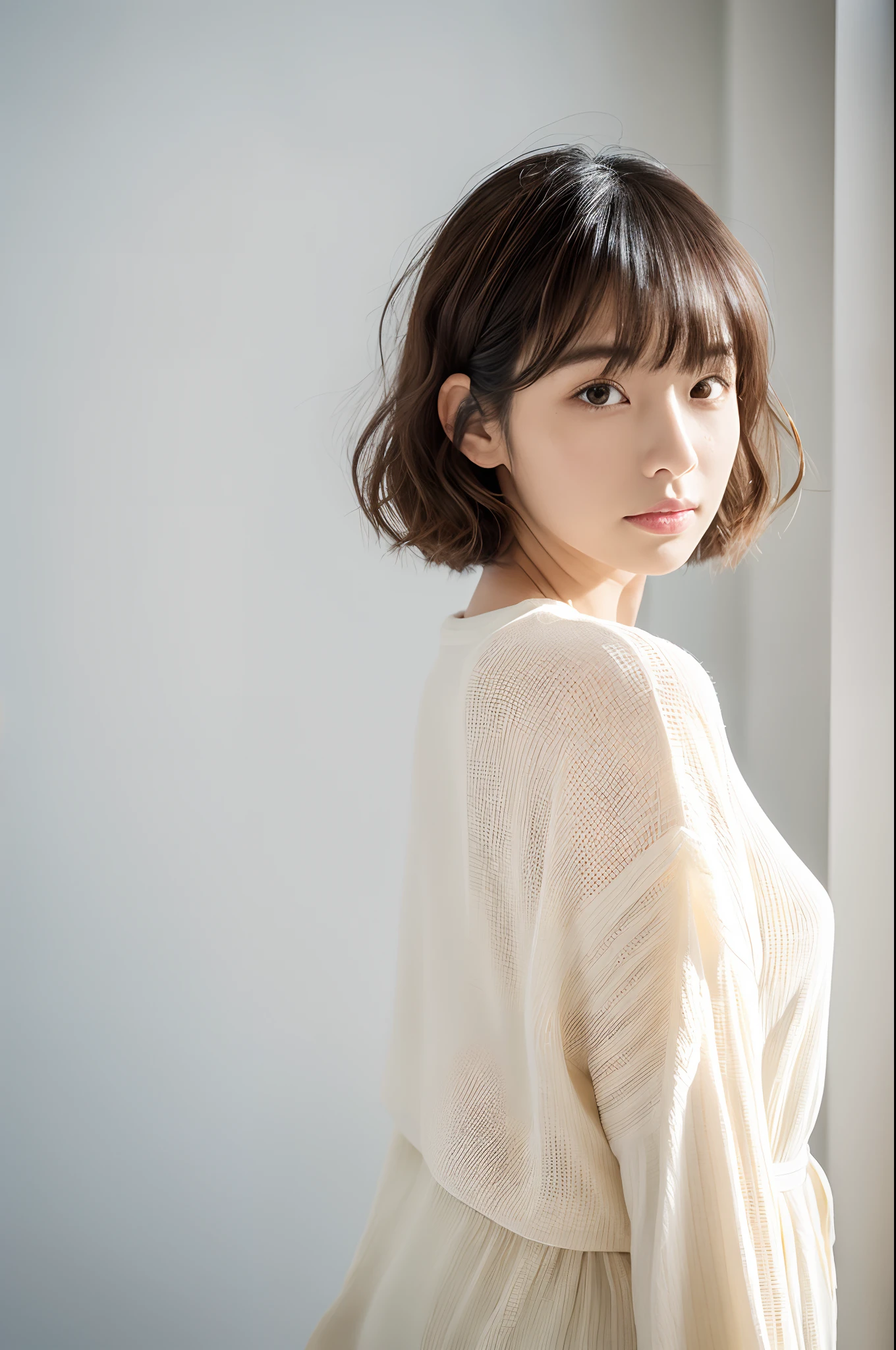 ((masterpiece,top-quality)), (photographrealistic:1.4),((masutepiece,8K)),hight resolution,Studio Soft Light, Rim Lights, vibrant detail, realistic skin textures,Japanese, 1 beautiful woman, short Hair, wave hair, faint thin bangs, make - up, 38 years old, Detailed skin, long-sleeve tunic blouse, wide-leg pants, Standing, White background, White Room,white walls, fully body photo, looking at viewer