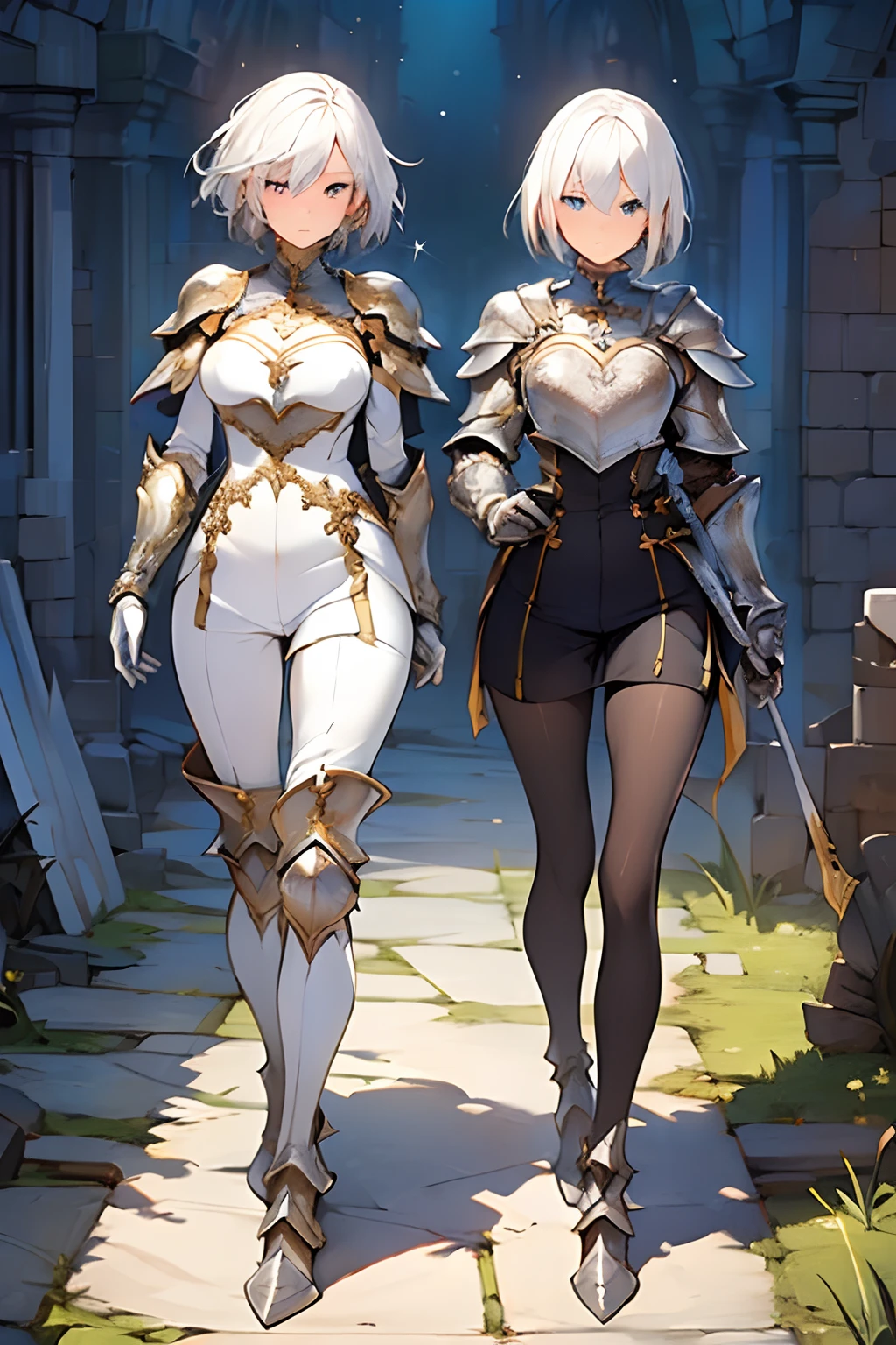 (((masterpiece))), (((best quality))), ((ultra-detailed)), (cinematic lighting), (illustration), (beautiful detailed eyes), (2girls), full body, space, knight, armour, light hair, skirt, walking, ruins, (masterpiece, 2girls A and B), best quality, expressive eyes, perfect face, Girl A: (blonde hair, long hair, wearing skirt, black pantyhose, white and gold armour), Girl B: (white hair, short hair, jumpsuit, silver armour),