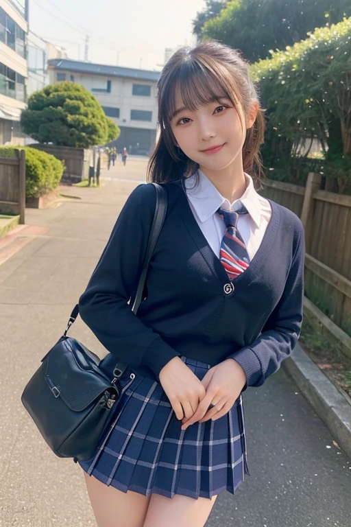 mix4, (16 K, Raw photography, Top image quality, masterpiece: 1.45), (realisitic, Photorealsitic: 1.37), one girls, cute little, A city scape,, profetional lighting, photon maping, school classrooms, physically-based renderingt, dark brown hair,pony tail hairstyle, Well-groomed and beautiful eyes、二重まぶた、girl with, (((student clothes、blazers、Long sleeve shirt worn by Japan high school girl、Ribbon Ties、Dark blue mini skirt,、Dark blue socks、Black loafers))), Top Quality Photos, hight resolution, 1080p, (clearface), (Detailed face description), (Detailed hand description), (masterpiece), (Exquisite CG)、extreme light and shadows、dishevled hair、master work、abundant detail、(Fine facial features)、(top quality photo)、(masuter piece)、(A detailed eye)、Look in front of you、Fine clavicle、((Slender big))、(((Japan schoolgirl wears a long-sleeved shirt)))、((Neat and clean idol))、((School Gate、school ground、School building in the background))、(Shooting from random perspectives)、(((Anyway cute)))、耳?????? Ring、A big smile、Drawing the whole body from the knees、Do not draw nasolabial folds、(((Sports bags used by Japan schoolgirls)))、(Big breasts that hang down big:1.2)、Big buttocks with tension、Two arms and two legs、(((from the front side:0.7)))、bare hand、(((Left and right symmetrical eyes)))、Standing Pose、Put your hands on your desk、