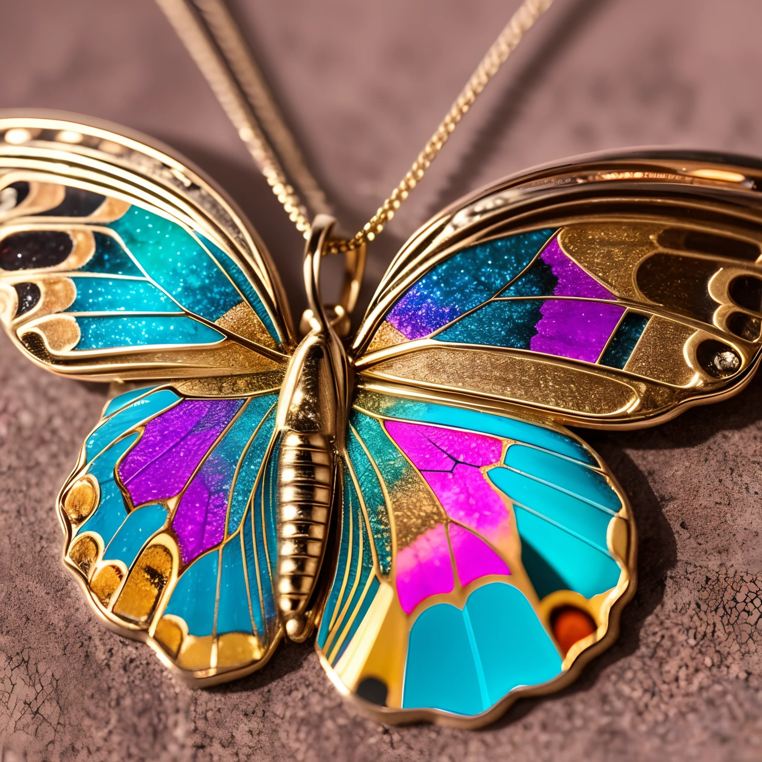 A delicate butterfly Pendant Tops, an exquisite jewel with intricate patterns and vibrant colors, captured in a close-up photo, showcasing the tiny details of the wings and the glistening gem, Photography, macro lens, f/2.8,