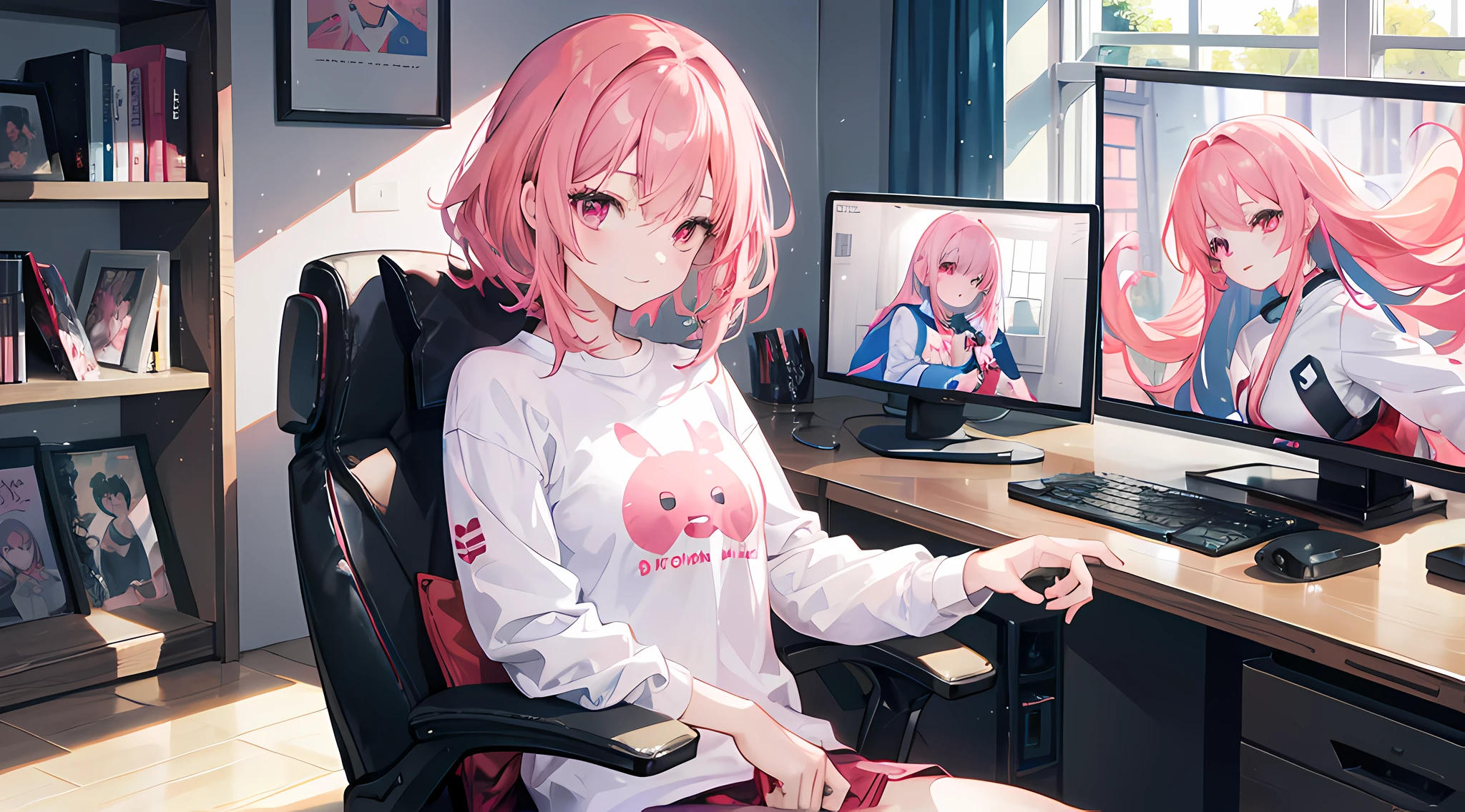 anime girl sitting in her bedroom, sitting on a red gaming chair, open windows, sunlight coming through windows, desk, two monitors, gaming computer on desk, (1girl), short pink hair, pink eyes, long sleeves white shirt, blue dominant, no socks, smile, beautiful anime artwork, ultrasharp, masterpiece, high res, 8k