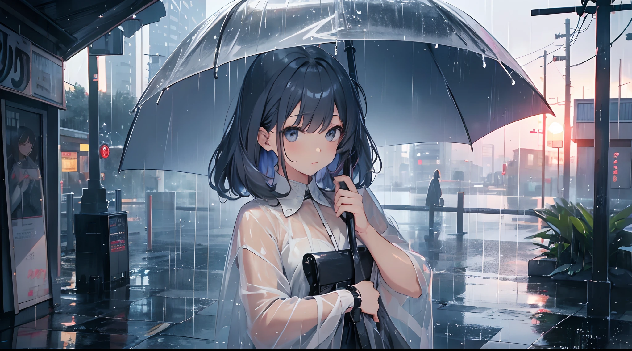 Angle looking down from above,Girl with a big umbrella on a rainy day,Woman facing the front with her whole body,Delicate Makeup,closes mouth,Black eyes,Half-up hair with short bangs,Hair color is a light beige gradient,She is clutching a large plastic umbrella in a rain-soaked crystal clear blue,Reflecting the rain-soaked cityscape,