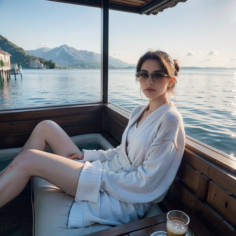 OUTDOOR, SPA di Sirmione sul Garda, featuring Gaia Nobile (18 years, blue eyes, brown hair in a bun, wearing sunglasses) and Anna (20 years, blonde, exhausted face) conversing at a glass coffee table. Both don white robes, with a large stone tub filled with warm water behind them, emitting smoke into the not-so-beautiful, slightly dirty light of an autumn day towards sunset. The composition should be detailed, with incredible details, full-hd, and captured using a Kodak Proma 400 analog camera (ISO200 f1.4), hyper realistic, ((("SPA di Sirmione sul Garda" "Gaia Nobile" "18 years" "blue eyes" "brown hair" "bun" "sunglasses" "Anna Rizzo" "20 years" (((("blonde))))" "exhausted face" "glass coffee table" "white robes" "large stone tub" "warm water" "smoke rises" "not-so-beautiful light" "slightly dirty" "autumn day" "sunset" "detailed composition" "incredible details" "full-hd" "Kodak Proma 400 analog camera" "ISO200" "f1.4")