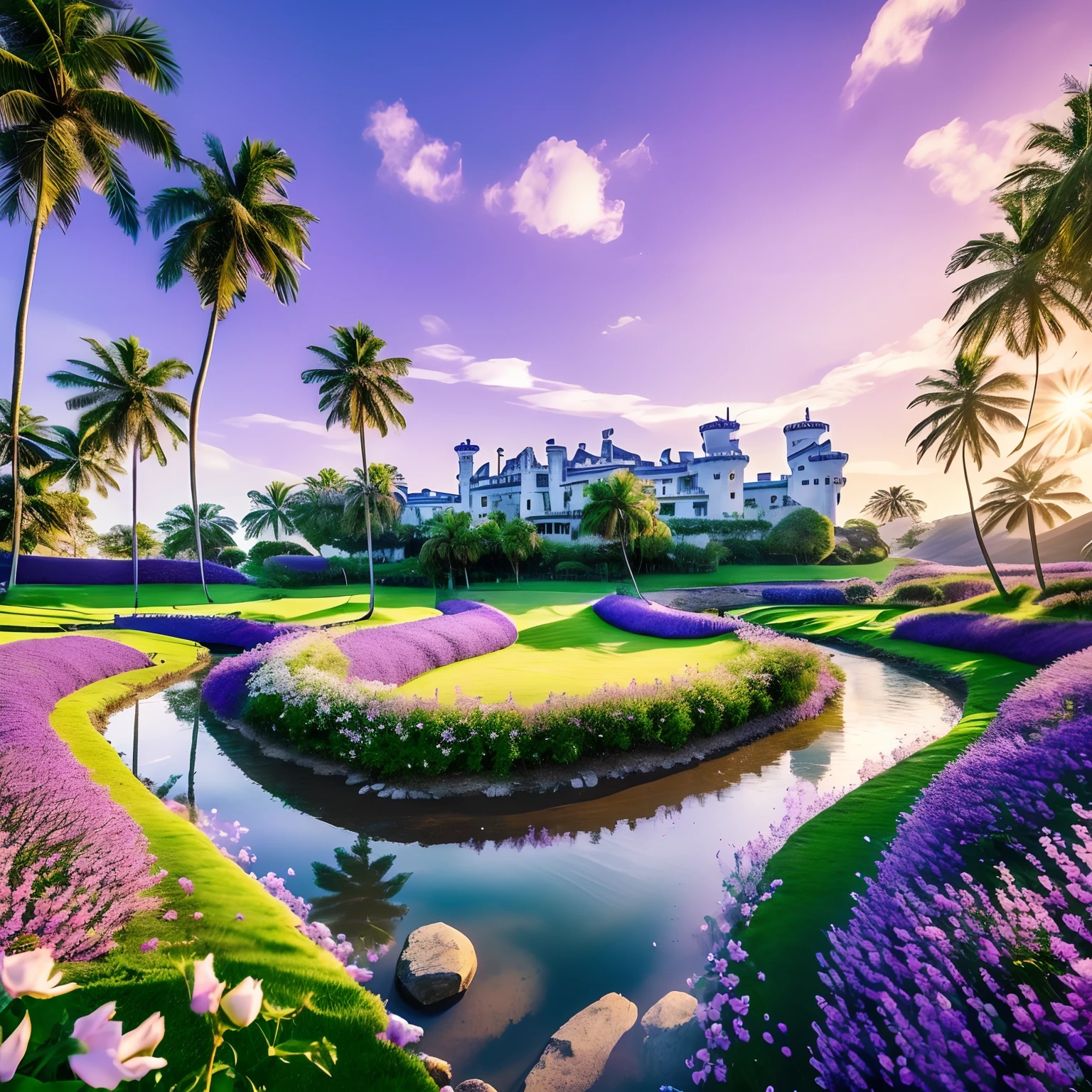 (Masterpiece),(Best Quality), a meadow, (large green grassland),
(tall palm trees with (purple leaves)), (a river winding through the area),
(majestic white horses grazing), a gravel path with pink and blue roses on each side winding through the area,
blurred grand old castle, beach