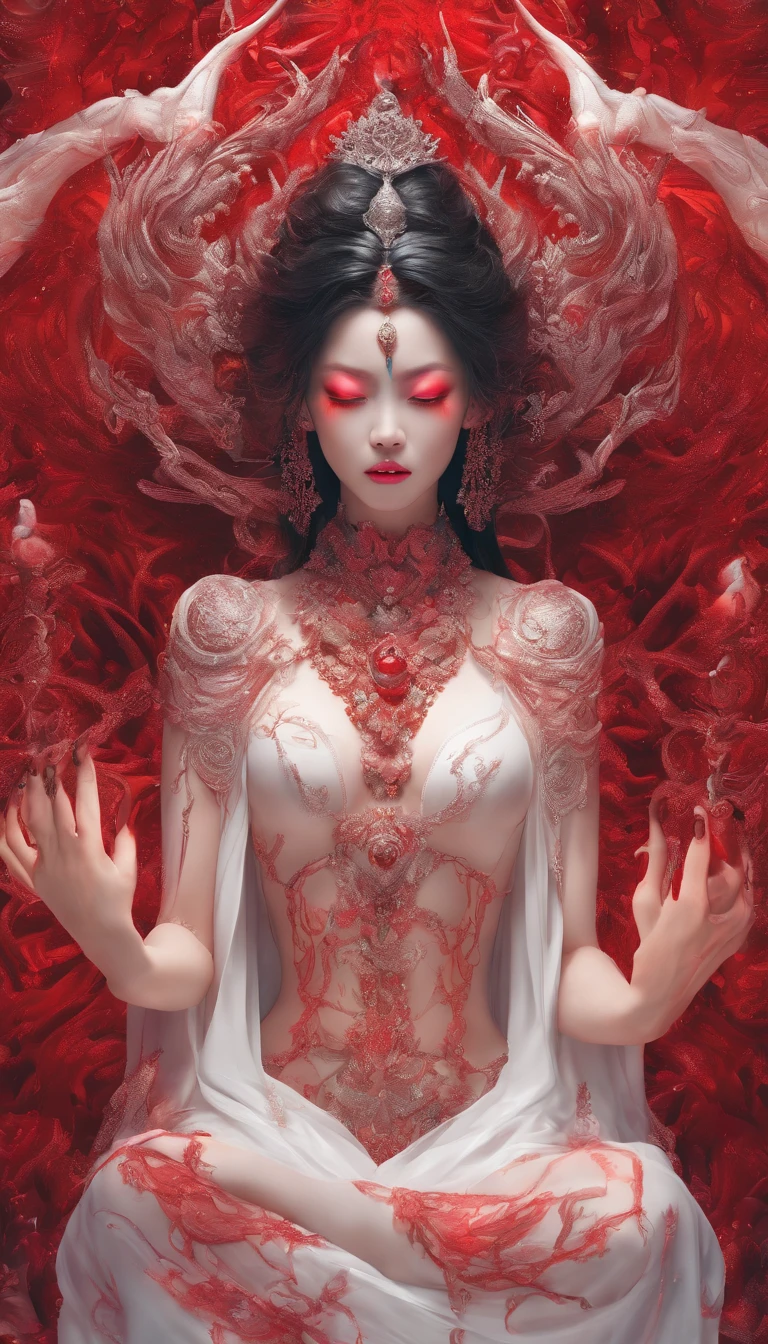 Blood red room, Flashing white TV screen, BUDDHA STATUE, cabelos preto e longos, with hair dishevelled, Cover one eye and face, Bright red eyes, Wearing a white transparent robe, Looming full breasts, liquor, Devil, reaching out her hands, Straighten your body, Red nails are exposed, Pinch the camera, hyper HD, Anatomically correct, Textured skin, Super detail, High details, High quality, A high resolution, 8K, hyper HD, Anatomically correct, Textured skin, Super detail, High details, High quality, Best quality, 8K,Leishnampo,Room 2,Horror