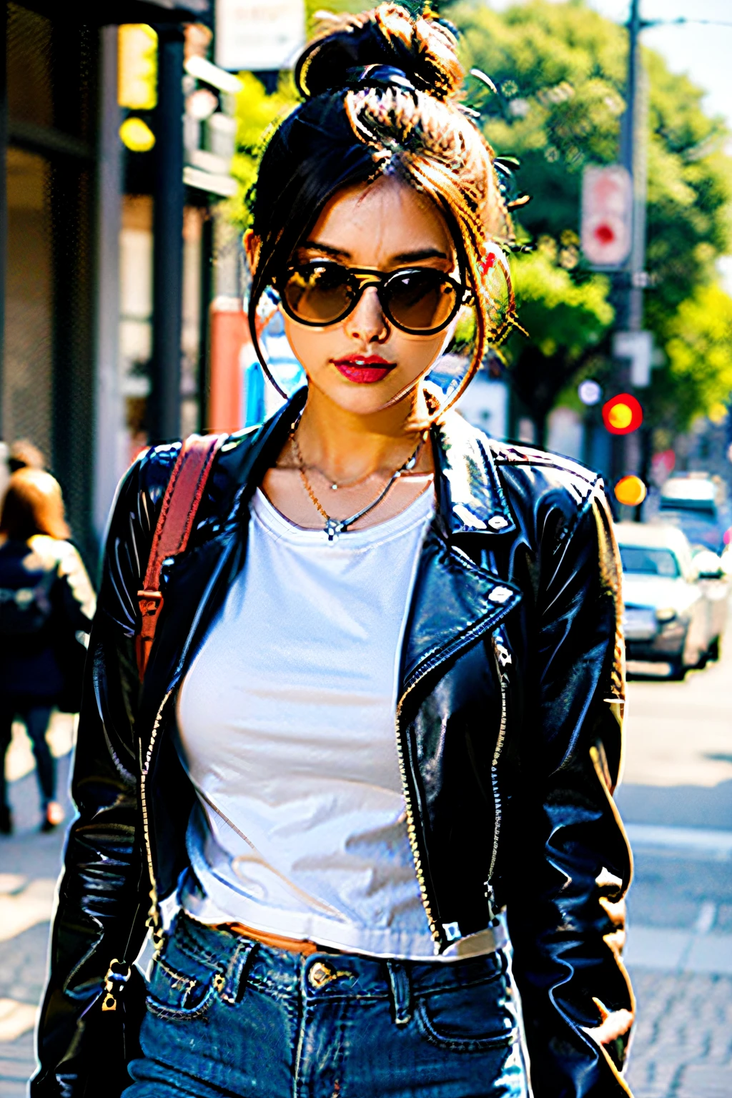 (masutepiece:1.2, Best Quality), 1lady, Solo, Upper body, Big Tits, Chic edgy leather jacket and classic white t-shirt、Combination of distressed jeans Effortless with confidence with minimal makeup and messy buns (Music festivals and trendy downtown neighborhoods) Statement sunglasses and chunky jewelry, With convenient crossbody bag