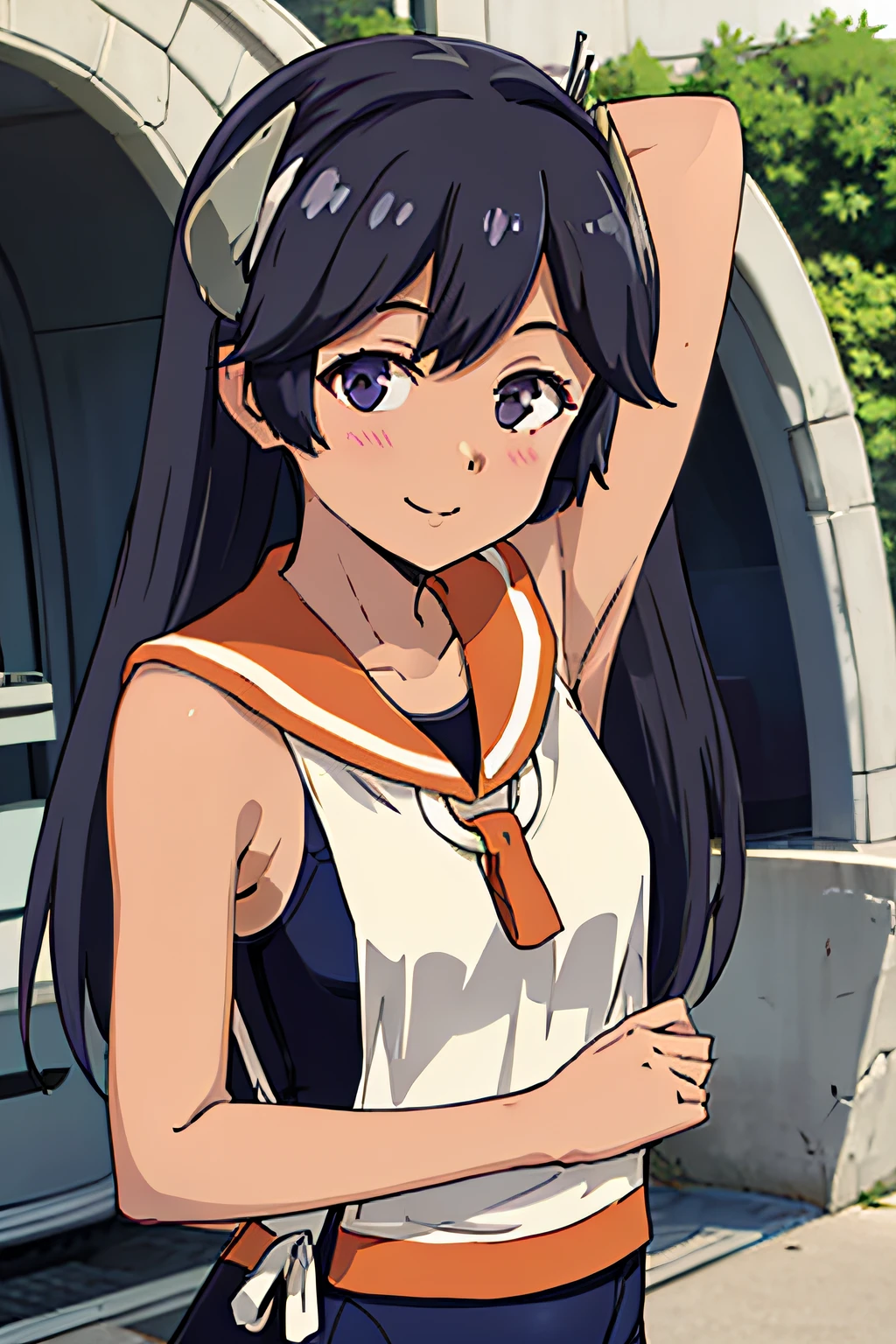 1girl, solo, upper body, facing viewer, looking at viewer, smile, I400KC, long hair, white shirt, sleeveless,one-piece swimsuit, bare arms, sleeveless shirt, headgear, school swimsuit, tan, tanlines, swimsuit under clothes, sailor shirt, orange sailor collarr