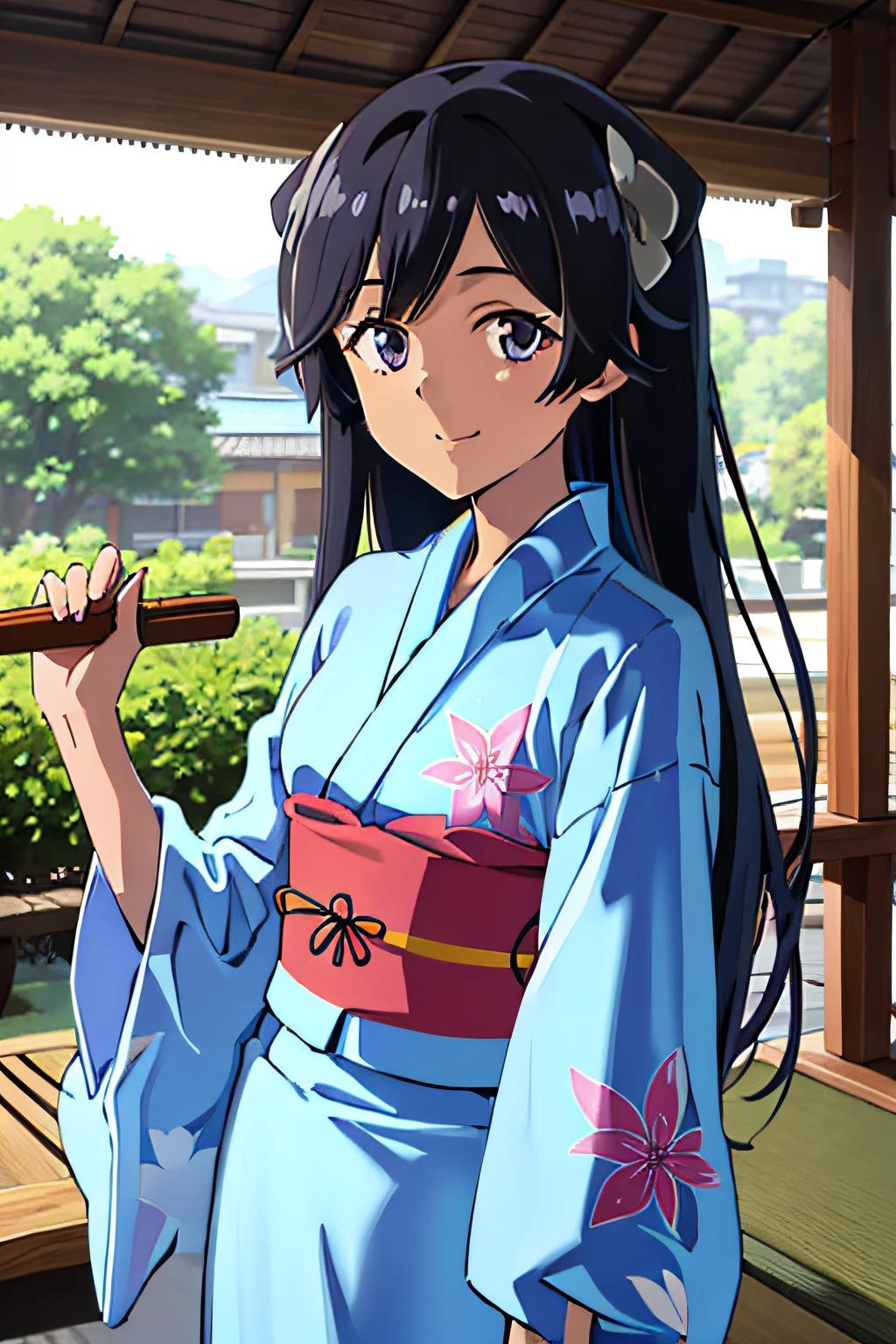 1girl, solo, upper body, facing viewer, looking at viewer, smile, I400KC, 1girl, solo, long hair, kimono, sash, headgear, obi, floral print, yukata, blue kimono