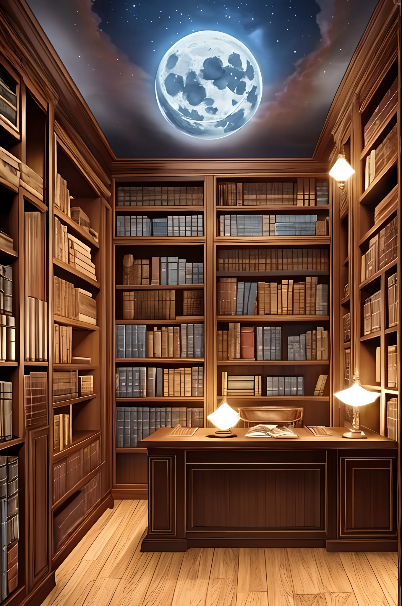 Please draw the office of a the leader of a magical organization. It should have the feel of an office from the 1920's. Include many bookshelves full of ancient magical tomes. Also, include magical objects and nick-nacks. The office should be organized but should "feel" cluttered. Night time, lit by moonlight. Place heavy emphasis on magical runes. blue light hue