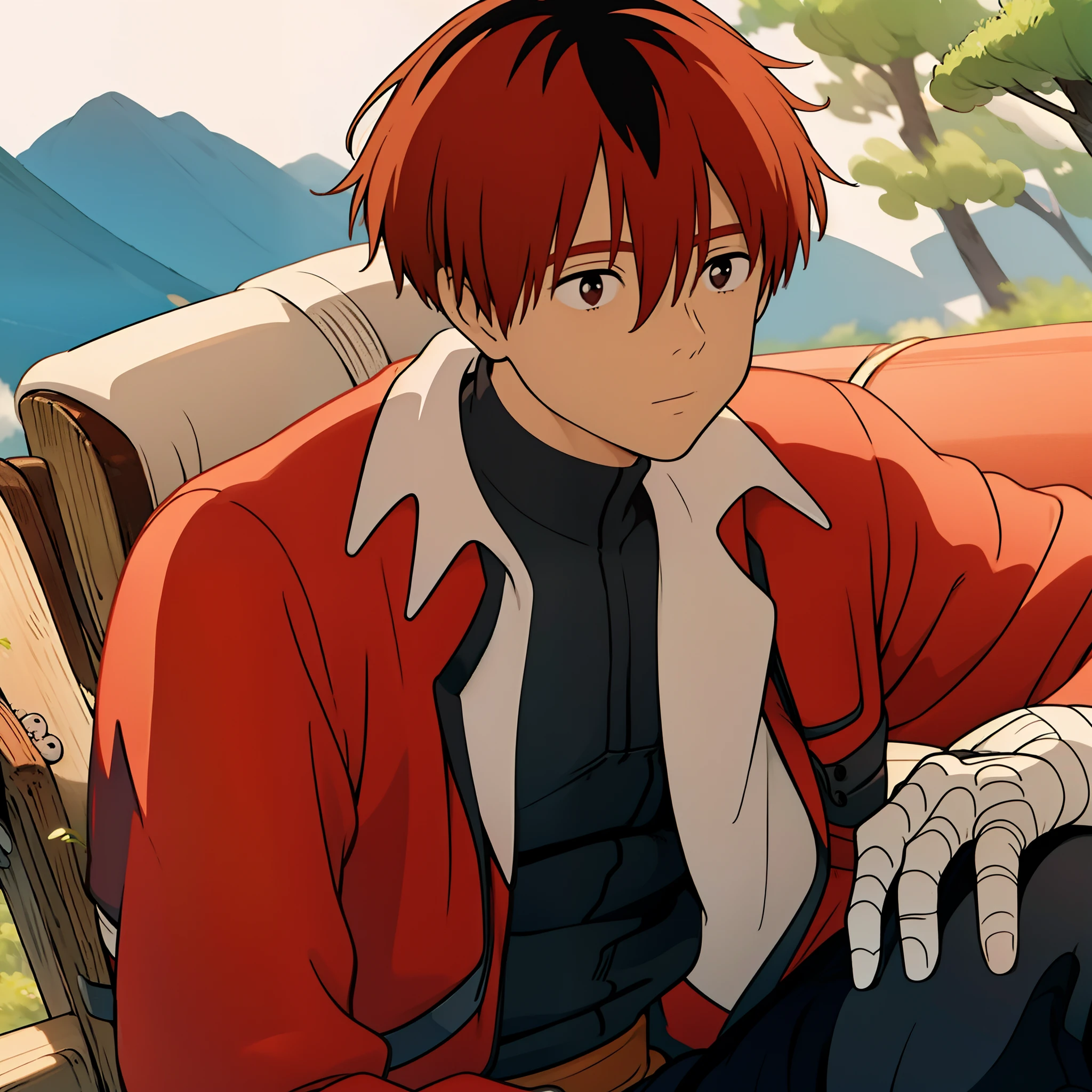 absurdres, 1boy, solo, StarkFrieren, red jacket, black shirt, white sash, black pants, bandages, gloves, outdoors, mountain, mid shot, miyazaki hayao, ((masterpiece)), (extremely detailed CG unity 8k wallpaper), best quality, cinematic lighting, detailed background, beautiful detailed eyes, (an extremely delicate and beautiful), (Beautiful and detailed eye description), ultra-detailed