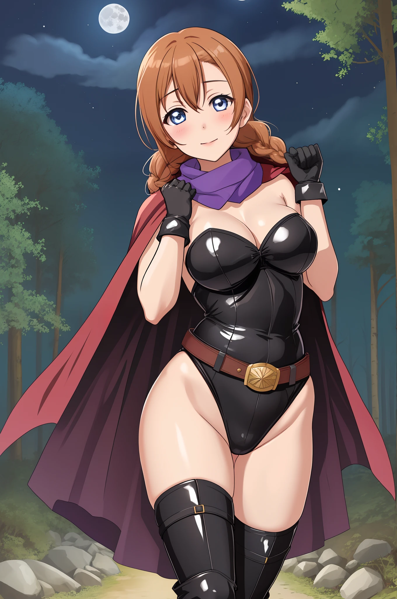 Kousaka honoka, tight, huge breasts, long Braids ,(strapless leotard:1.2),   thighhighs boots ,long magical scarf, gloves, night,full moon, forest,cape, covering crotch,belt