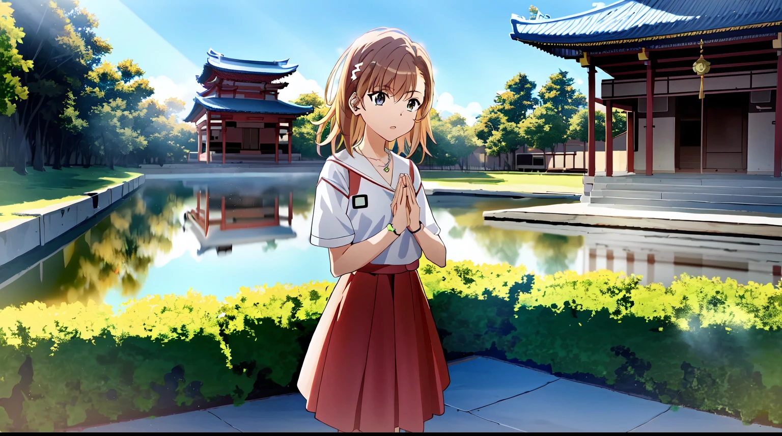 Cute girl misaka has chestnut hair,brown eyes,wearing saint seiya cloth and very long skirt,praying beads on neck,athens temple in background,teenl,anime style,Lumen Reflections,Screen Space Reflections,Diffraction Grading,Chromatic Aberration,GB Displacement,Scan Lines,Ray Traced,Anti-Aliasing,FXAA,TXAA,RTX,SSAO,Shaders,OpenGL-Shaders, GLSL-Shaders,Post Processing,Post-Production,cell Shading,Tone Mapping,CGI,VFX,SFX,insanely detailed and intricate,4K,((masterpiece:1.4, best quality))