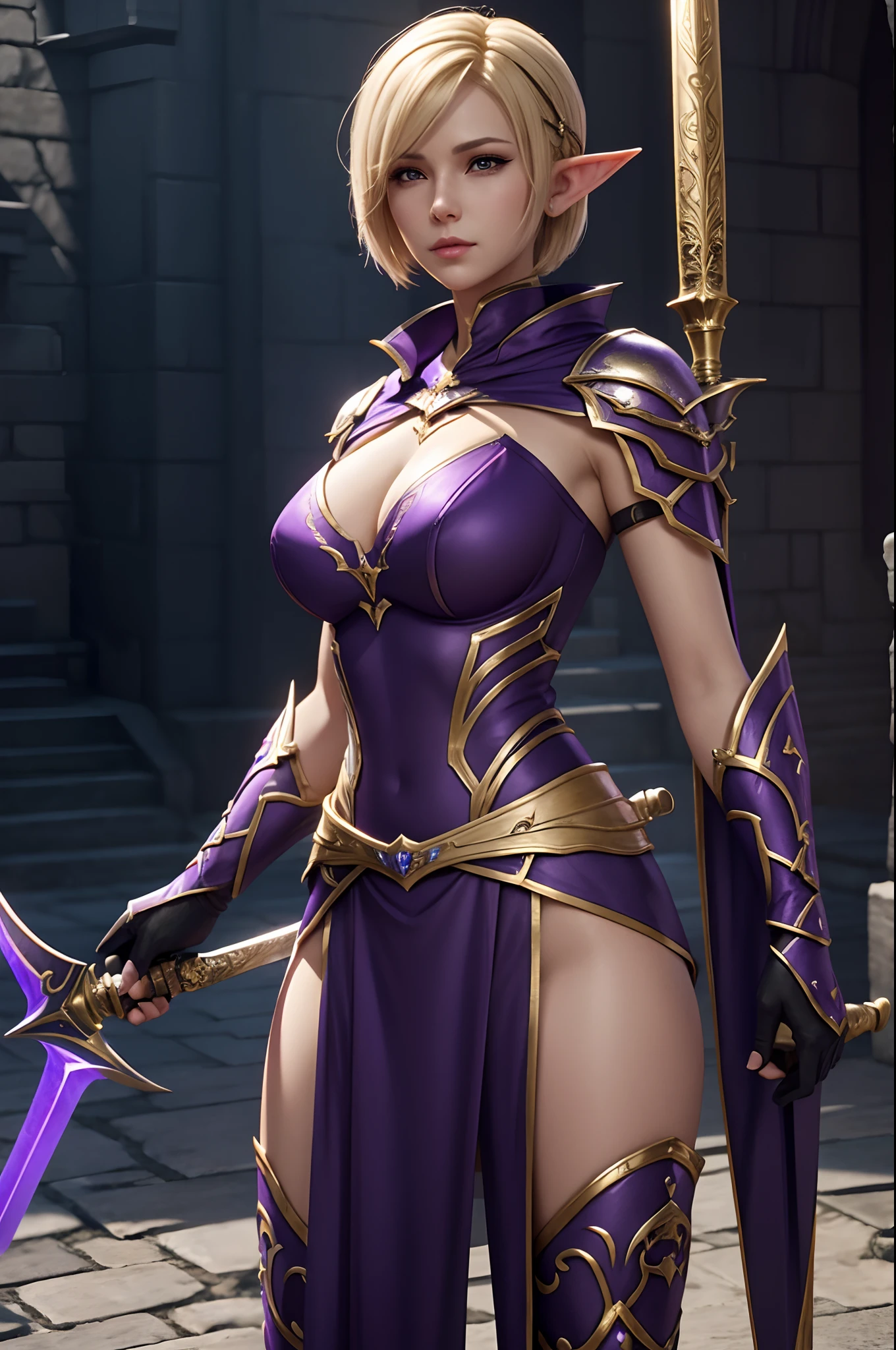 Blonde short bob hair,Super beauty,Arapheud woman in gorgeous purple exterior posing with a sword, elf-ears,super detailed fantasy characters, 3 d render character art 8 k, ArtGerm ; 3d unreal engine, fantasy outfit, 4 k detail fantasy, 2. 5 d cgi anime fantasy artwork, stunning armor, fantasy character, Gorgeous Female Paladin, alluring mesmer woman, Stunning character art