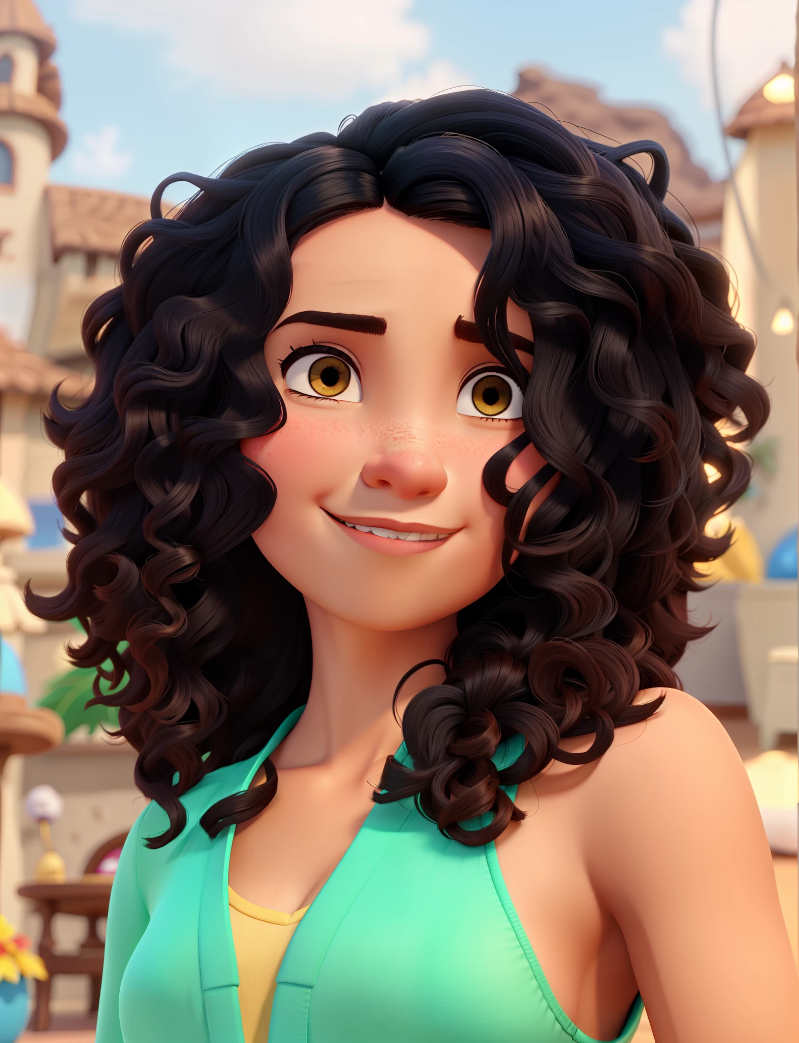 Uma mulher morena de cabelo cacheado estilo disney pixar, alta qualidade, melhor qualidade
