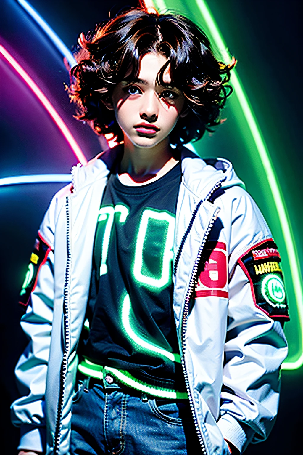 Boy, teenager, brunette, Curly hair, White jacket with neon details, cartoon, Anime