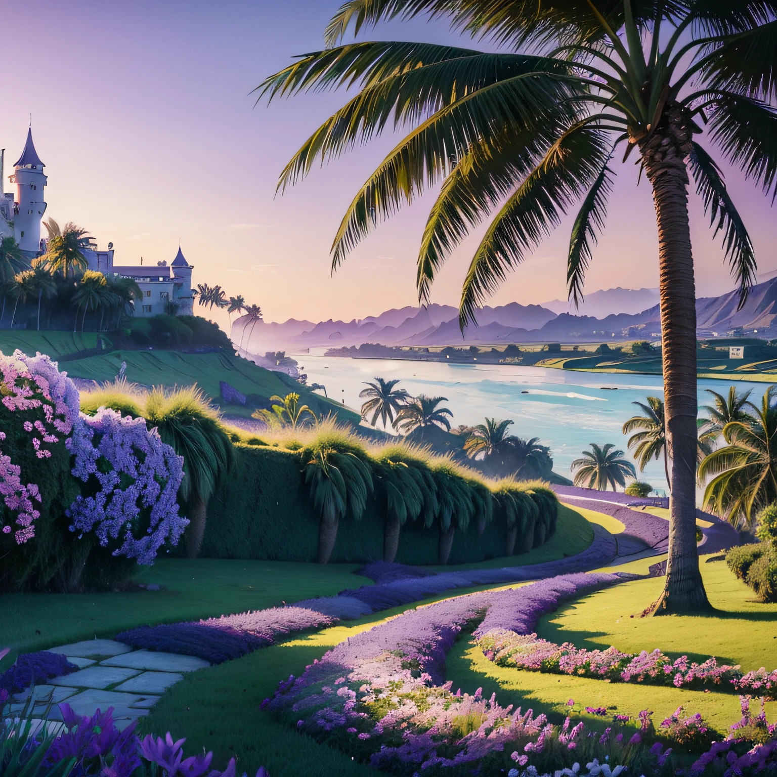 (Masterpiece),(Best Quality), a meadow, (large green grassland),
(tall palm trees with (purple leaves)), (a river winding through the area),
(majestic white horses grazing), a gravel path with pink and blue roses on each side winding through the area,
blurred grand old castle, beach