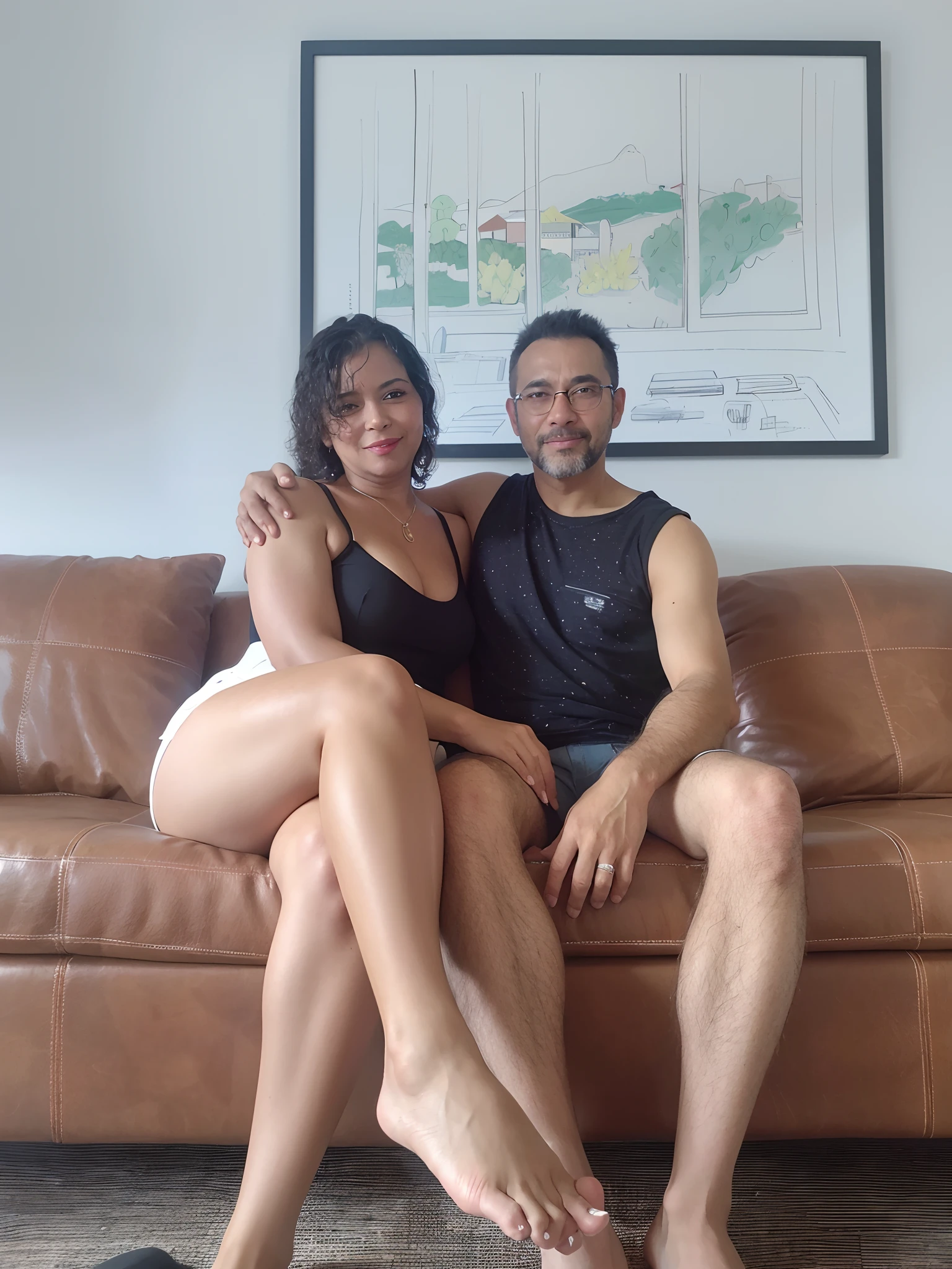 There are two people sitting on a couch together posing for a photo, Mulher de 30 anos de Cuba, 3 5 year brazilian mother, Directed by: Nandor Soldier, Malika Favre, retrato de casais, sitting on the couch, crescimento de um casal, sitting on a couch, sitting on couch, Postagem 4k, 4 k post