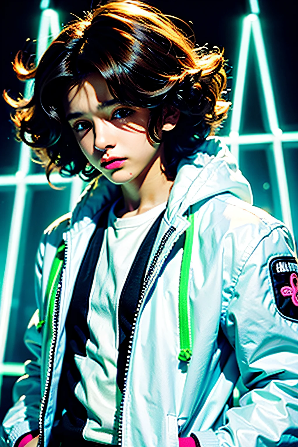 Boy, teenager, brunette, Curly hair, White jacket with neon details, cartoon, Anime