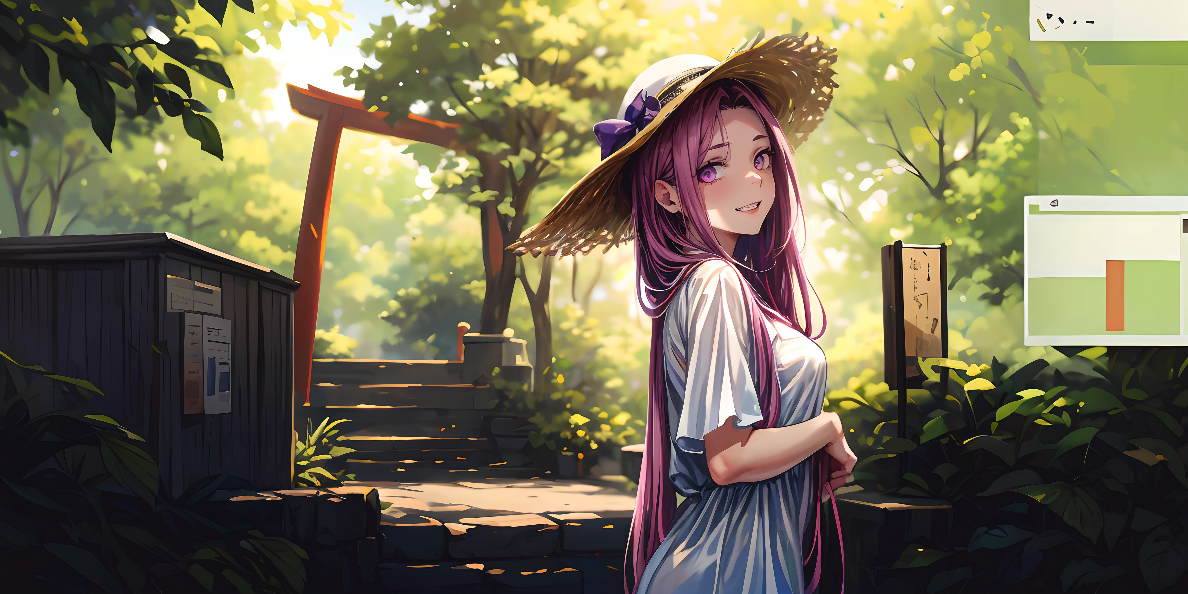 (shaded face:1.2), hollow eyes, purple eyes, looking at viewer, heavy breathing, smirk, uppert teeth, MedGorg, purple hair, long hair, breasts, 1girl, hat, solo, long_hair, red_eyes, looking_at_viewer, outdoors, earrings, jewelry, see-through, tree, breasts, upper_body, smile, day, leaf, straw_hat, blush, open_mouth, plant "Photorealistic, Hyperrealistic, Hyperdetailed, analog style, soft lighting, subsurface scattering, realistic, heavy shadow, masterpiece, best quality, ultra realistic, 8k, golden ratio, Intricate, High Detail, film photography, soft focus"