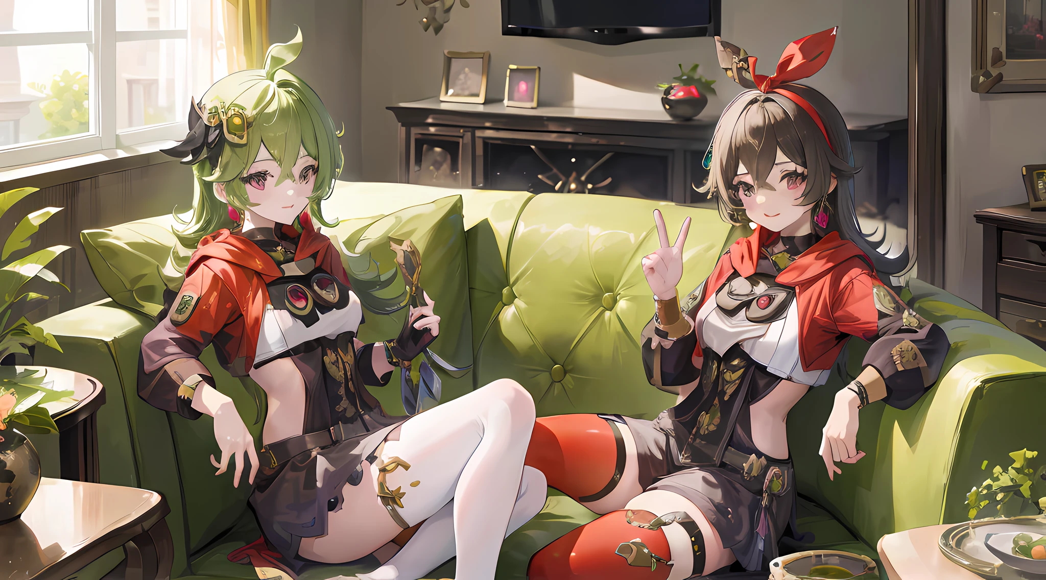 amber5star, upper body, smile, colleidef, upper body, smile, (2girls), sitting on a couch, in the living room, watching TV, beautiful anime artwork, ultrasharp, masterpiece, high res, 8k
