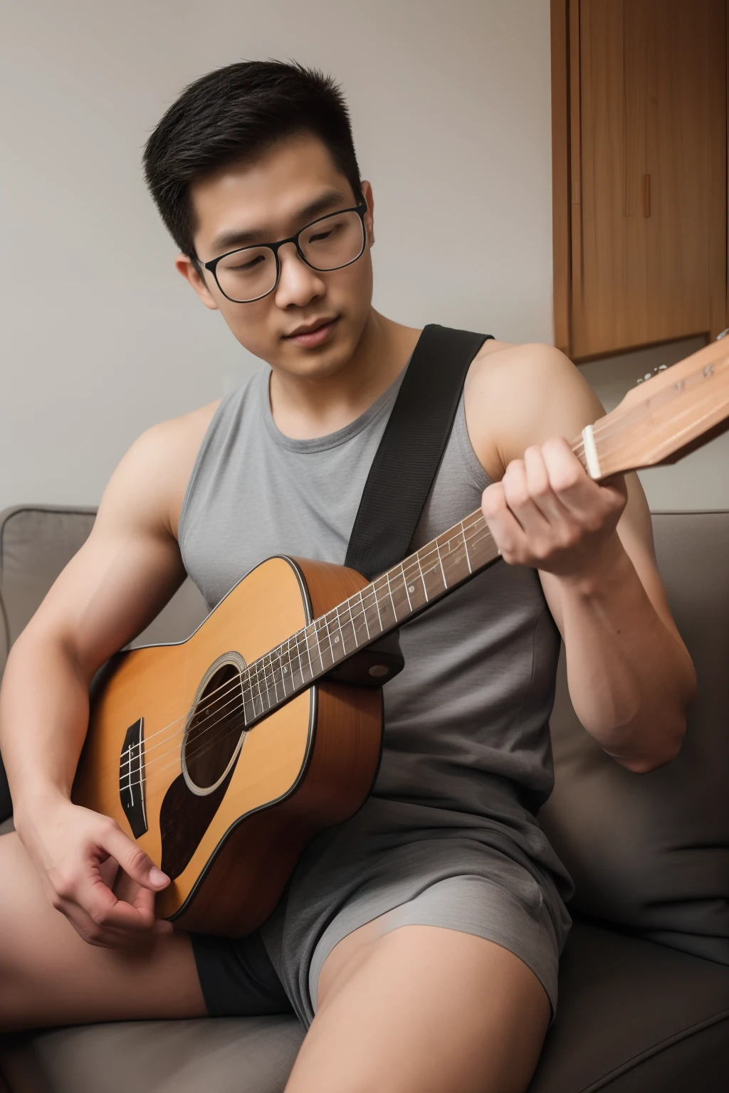 (Andrew thomas huang, neat muscular, oval face, eyeglasses, shirtless, black short shorts, night), (((playing piano))), full body, (((fingers focus, piano focus)))