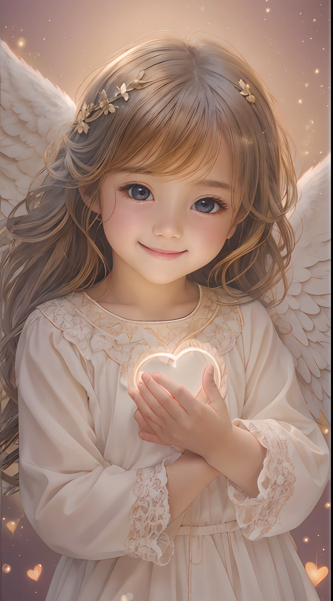 Blessings of Angels､Bright background、tenderness､A smile、Gentle､ Angel、facing front、Looking at the camera、holding a heart、glowing hearts、Best Quality