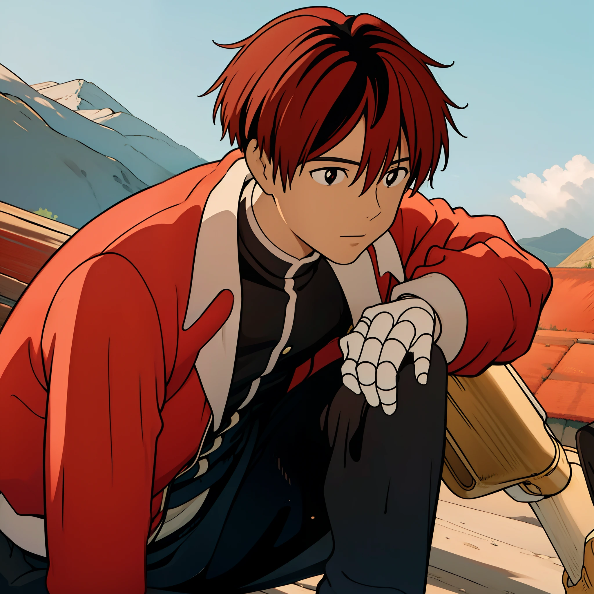 (masterpiece, best quality), absurdres, 1boy, solo, StarkFrieren, red jacket, black shirt, white sash, black pants, bandages, gloves, outdoors, mountain, mid shot, miyazaki hayao