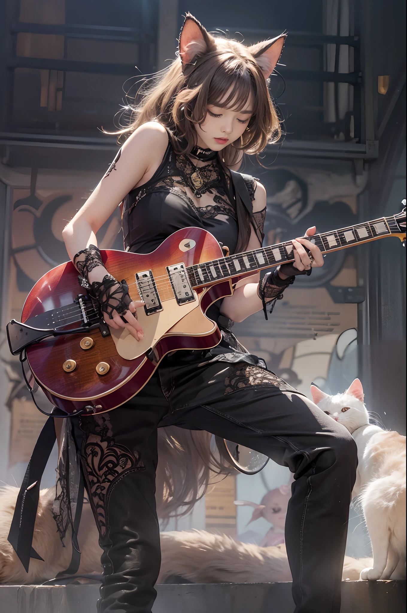 Woman Playing Guitar Live、brunette disheveled hair、Intricate 6-string electric guitar:1.2、Anatomically correct fingers、Gibson　Les paul、Only one guitar、Cat's ears