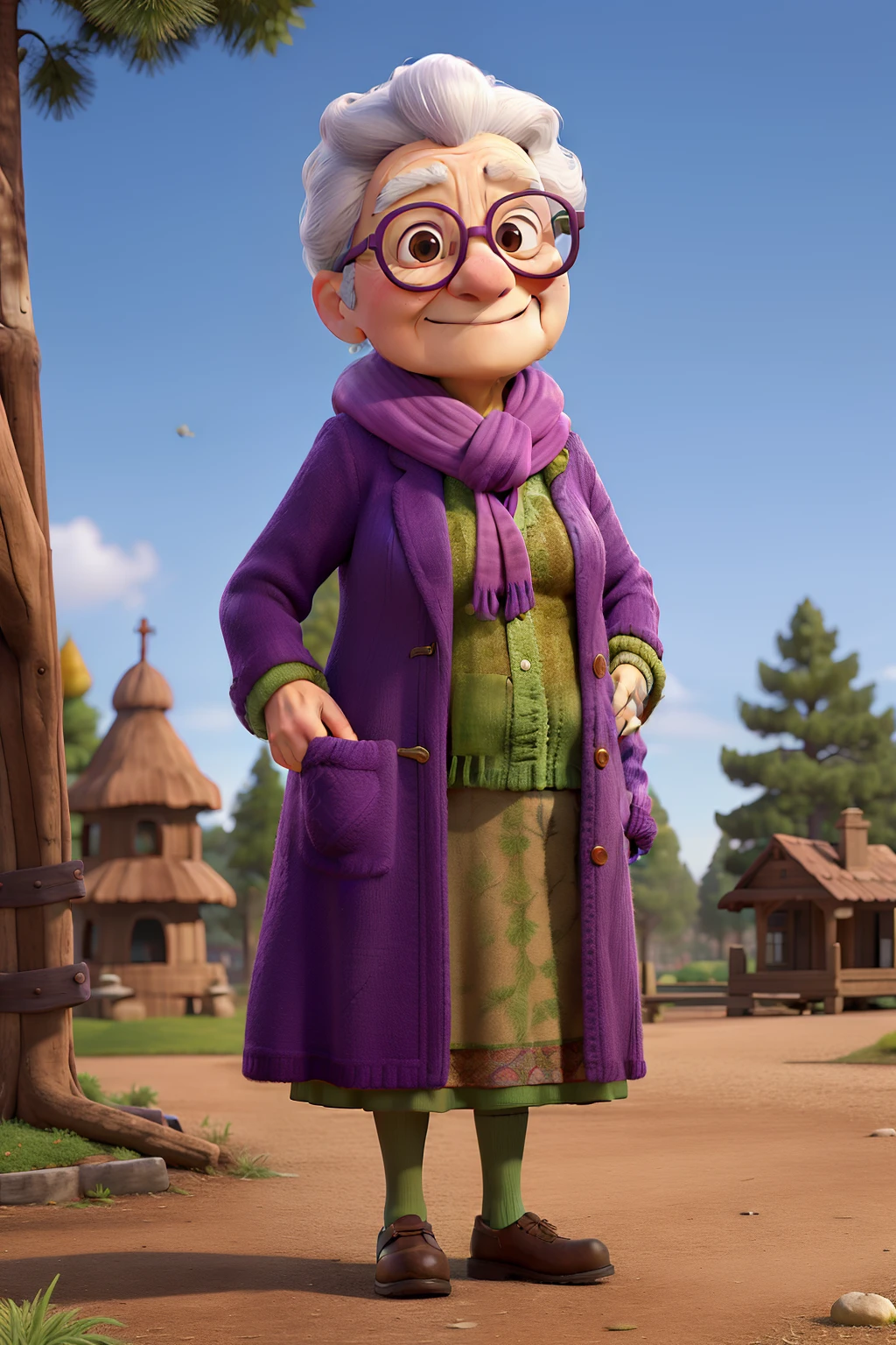 masterpiece, best quality, an old woman with glasses and a scarf on, wearing a purple coat and green scarf, standing at the park