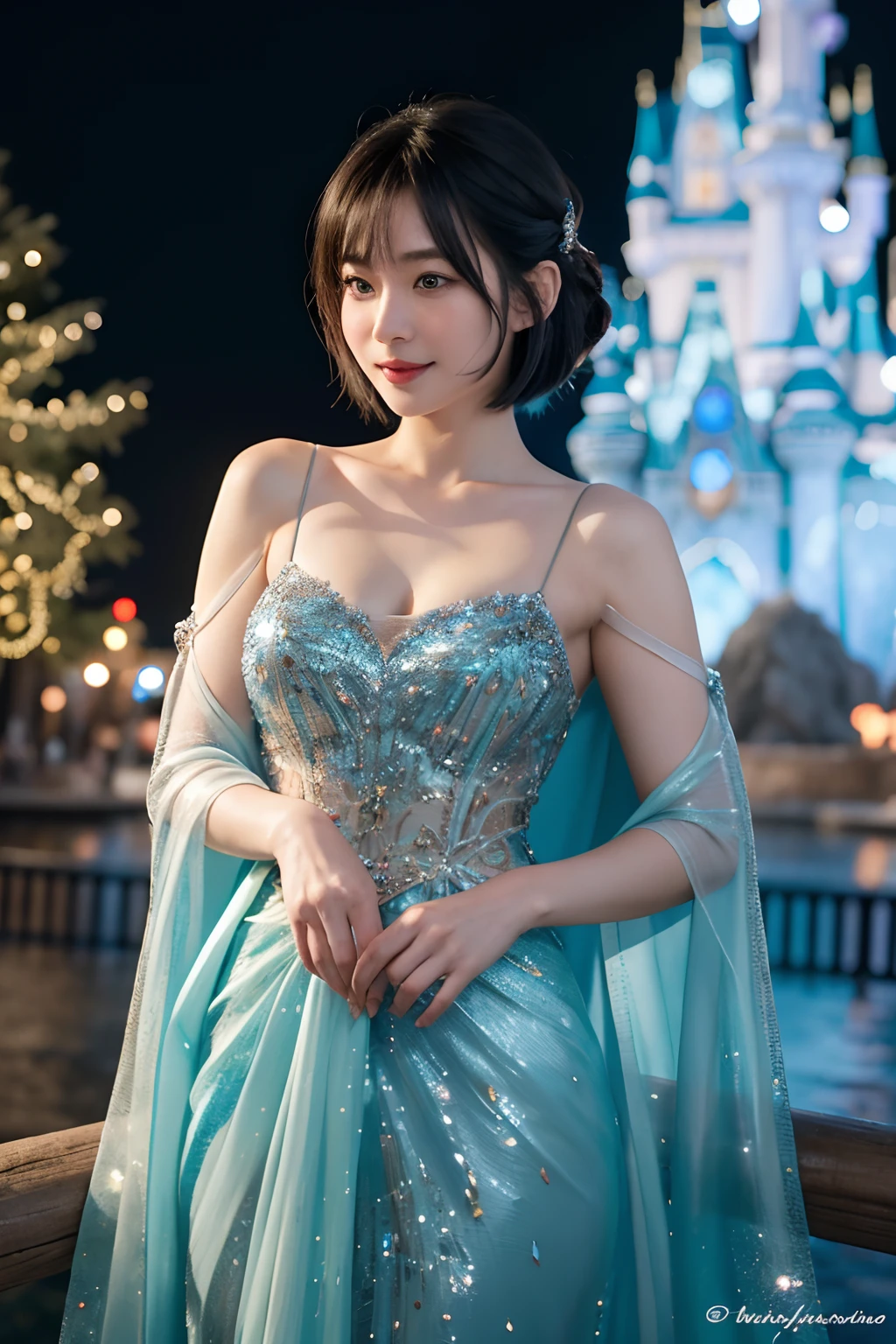 (Best quality, 8k, 32k, Masterpiece, UHD:1.2), Photo of Pretty Japanese woman, medium size breasts, bob hairstyle, short Black Hair, sexy body, JAV, dramatic lighting, "Generate a magical and enchanting art piece featuring a Japanese girl model with a chic bob hairstyle meeting Elsa from Frozen and sharing moments of joy and fun at Disneyland. Capture the wonder and excitement in the girl's expressions as she interacts with Elsa in the enchanting surroundings of the theme park. Emphasize the magical atmosphere with elements of Frozen's icy world and the vibrant colors of Disneyland. Showcase the bond between the girl and Elsa, creating a composition that radiates the magical and heartwarming experience of meeting a beloved Disney character in the happiest place on earth."