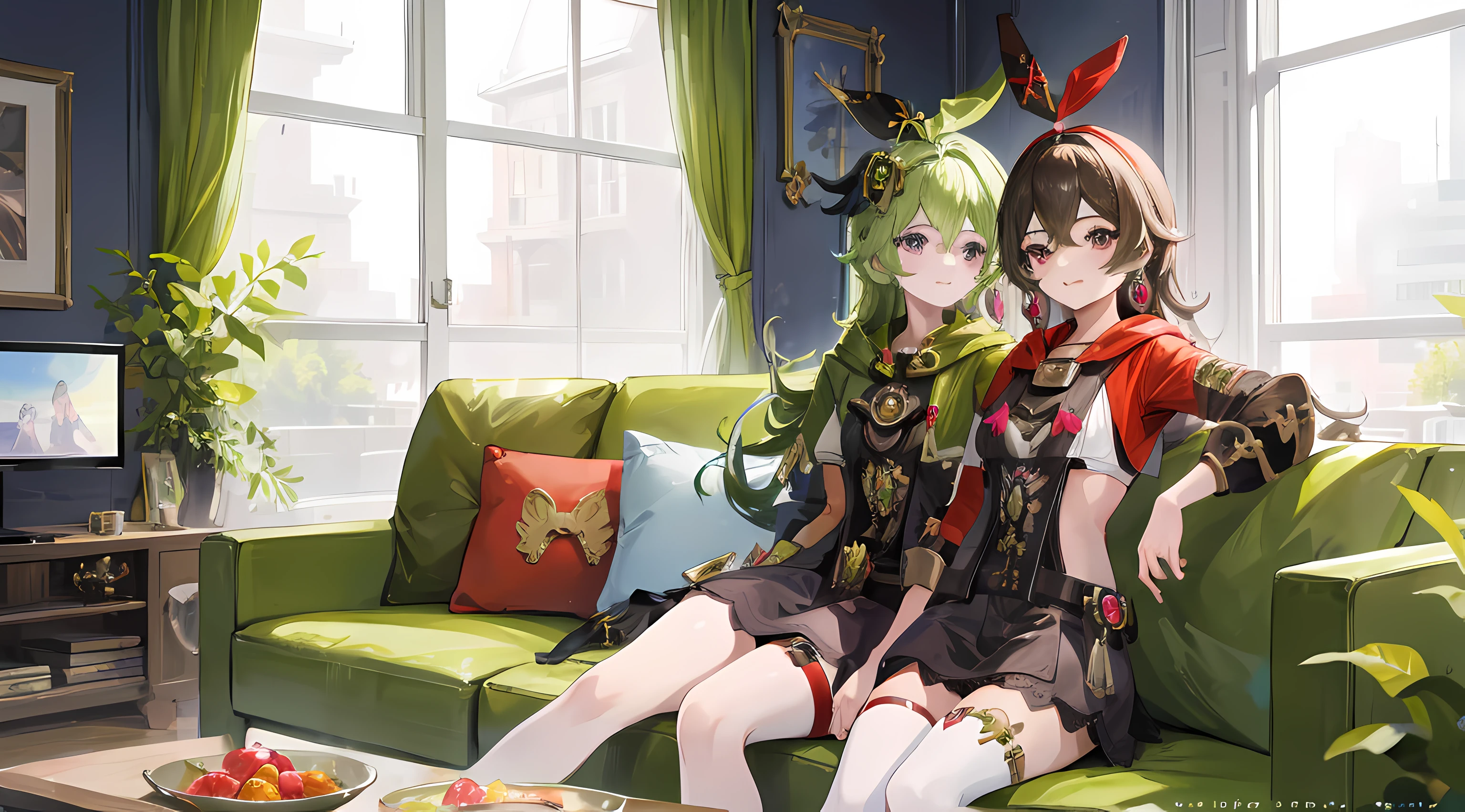 amber5star, upper body, smile, colleidef, upper body, smile, (2girls), white plain shirt, green shirt, red skirt, black skirt, sitting on a couch, in the living room, watching TV, beautiful anime artwork, ultrasharp, masterpiece, high res, 8k