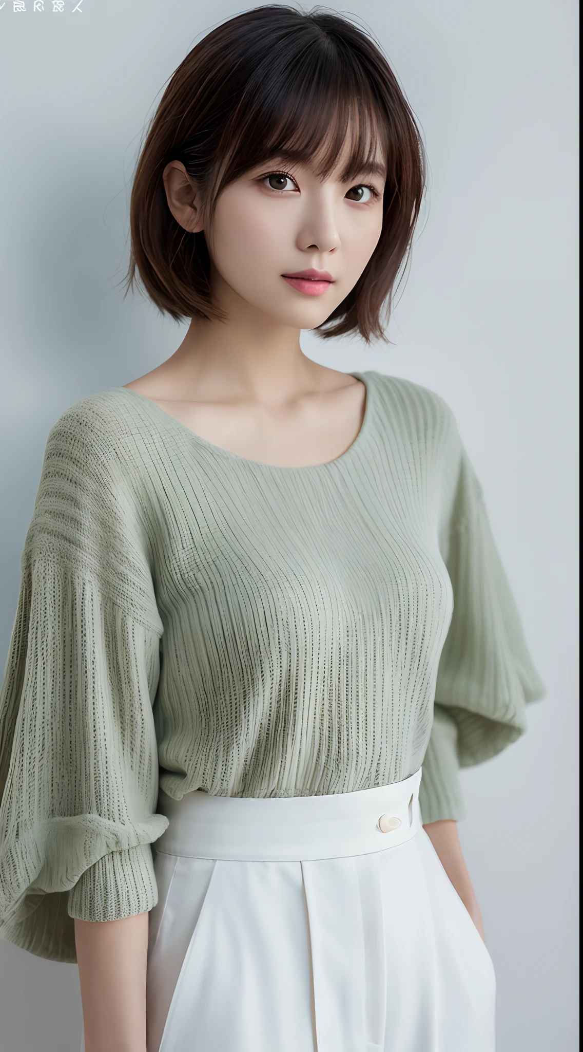 ((masterpiece,top-quality)), (photographrealistic:1.4),((masutepiece,8K)),hight resolution,Studio Soft Light, Rim Lights, vibrant detail, realistic skin textures,Japanese, 1 beautiful woman, short Hair, wave hair, faint thin bangs, make - up, 38 years old, Detailed skin, long-sleeve tunic blouse, wide-leg pants, Standing, White background, White Room,white walls, fully body photo, looking at viewer