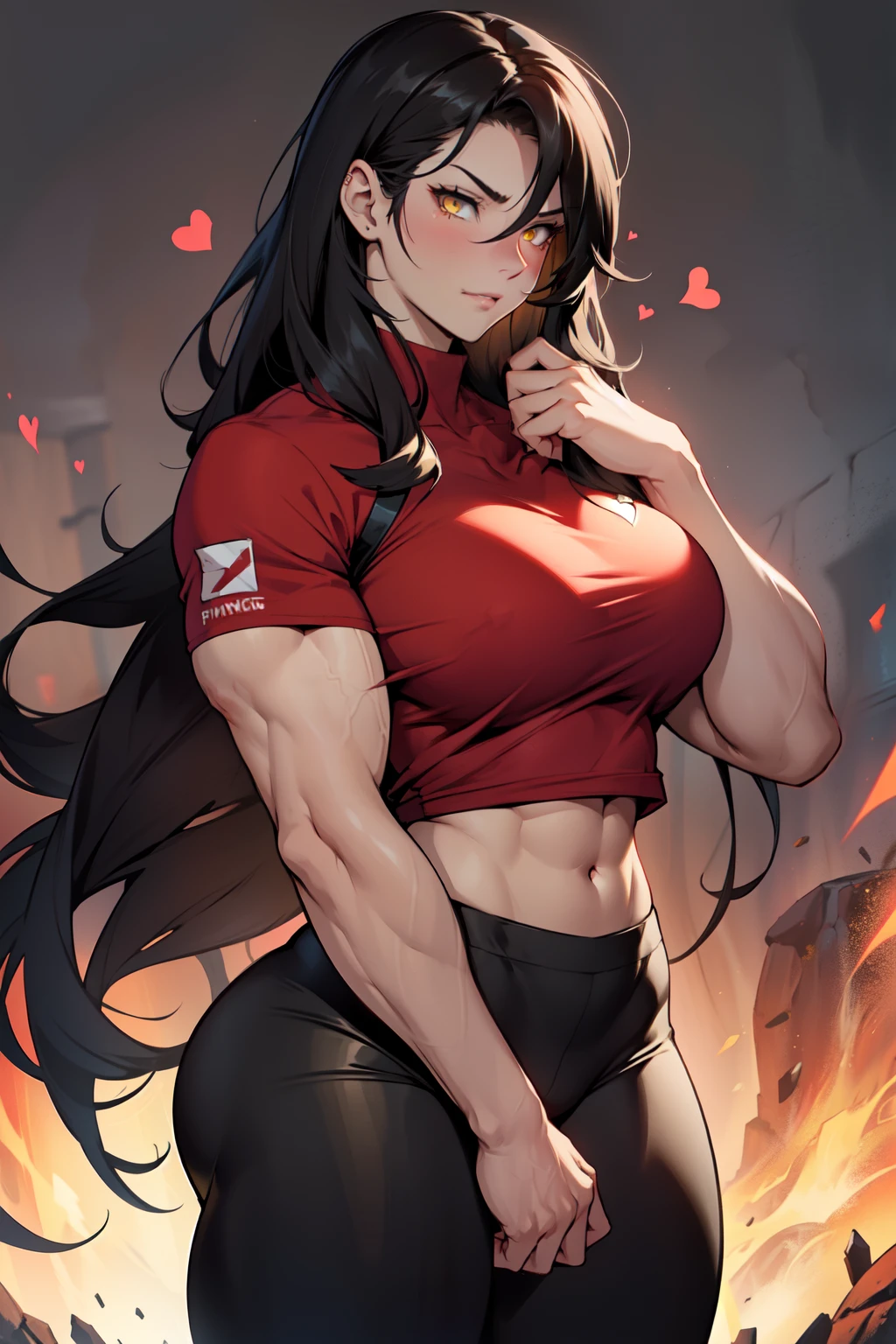 ((1girl)) pale skin large breasts (muscular) toned body thick thighs black hair yellow eyes (long hair) bodybuilder tight red shirt blushing (heart seductive expression) best quality hair flaps perfect anatomy