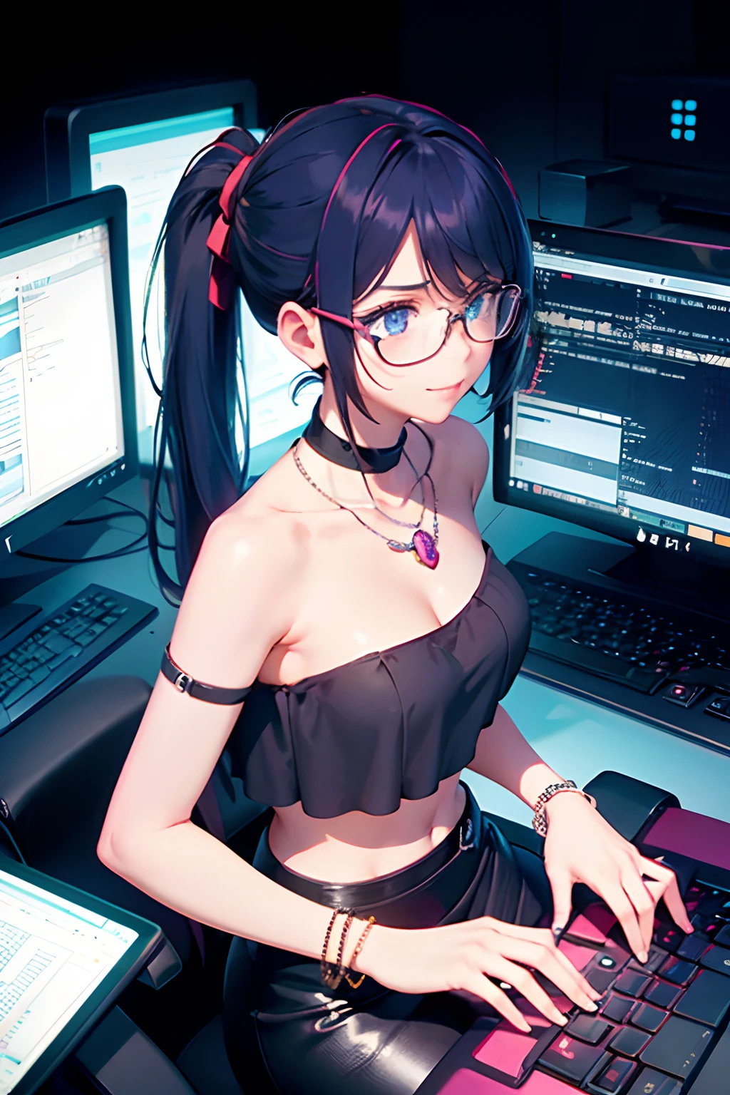 Best quality, ultra-detailed, 1 girl, black hair, two braids, blue eyes, glasses, mother, thong, skirt, Background room with computer, dynamic pose