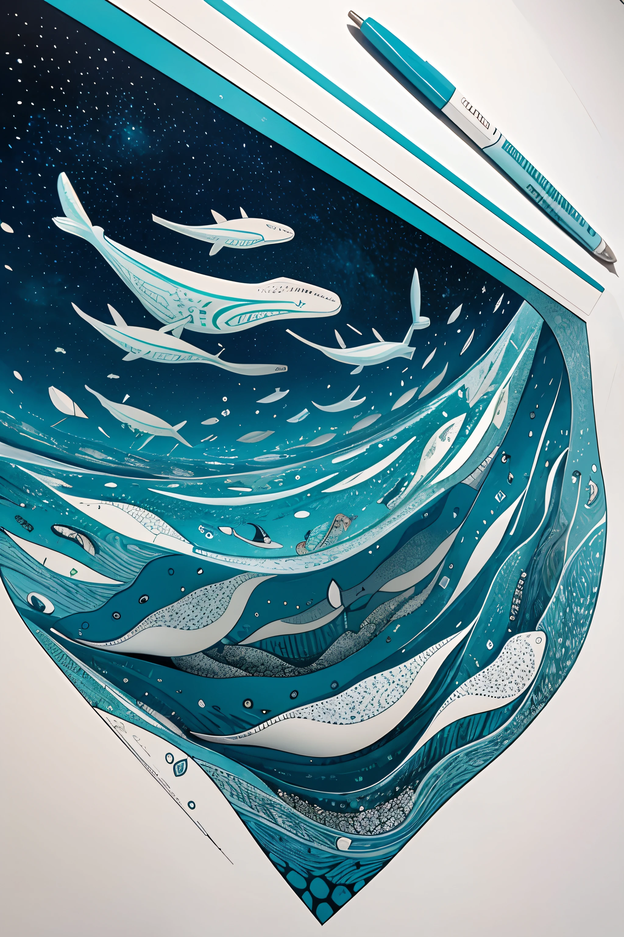 Multiple geometric elements combine graphic and colorful images，There is a sense of flow，pen and ink on paper，A sea of whales made up of geometric figures，Full and rich