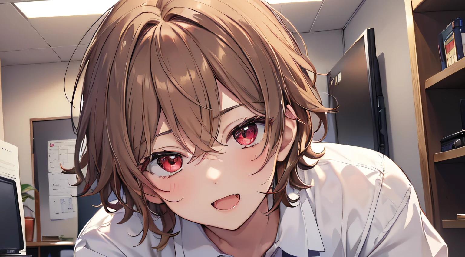 masterpiece,best quality,ultra detailed, ((((solo boy)))), ((-teey)),dynamic angle,light brown hair,red eyes,,hairs between eyes,gentle smile,suit, office,open mouth with skin fang,neutral,perfect face, good looking,slightly cute