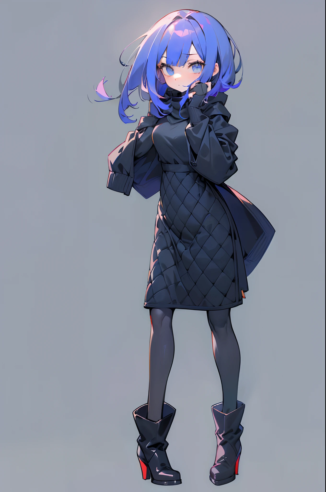 1 girl, solo, dark blue hair, short bob, ((black: 1.3) (hood: 1.1) (maxi length:1.3) quilted dress: 1.2), ((tight fitting: 1.3) (black: 1.3) turtleneck sweater: 1.1), ((black: 1.3) (High heels: 1.1) boots), character focus, (white background:1.5).