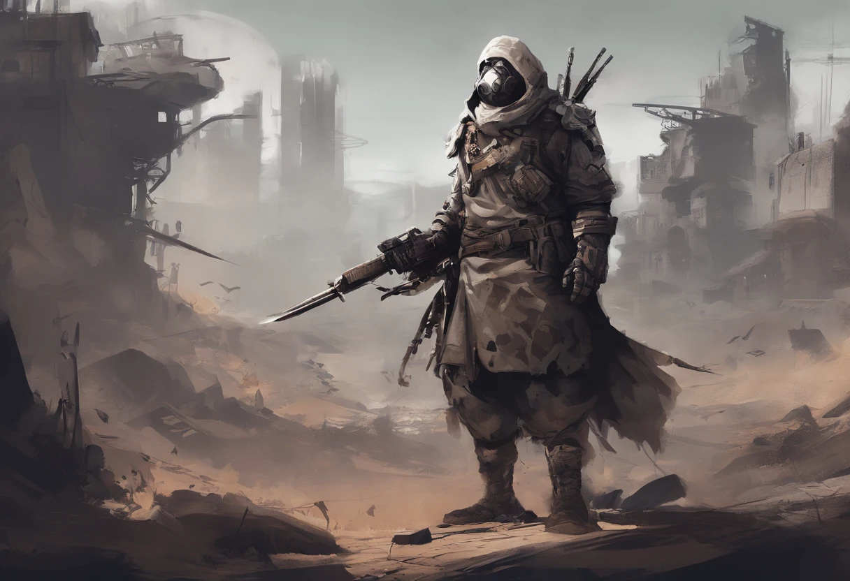 Post-apocalyptic wars, Shades of white, borgar , shadowing, Gloomy atmosphere, darkly, ((natta)), The breadth of the landscape, book cover，Wasteland，，Shabby clothing，patches，Rusty samurai armor，samurais，Masks。