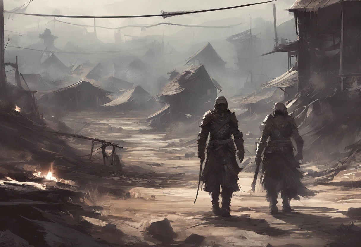 Post-apocalyptic wars, Shades of white, borgar , shadowing, Gloomy atmosphere, darkly, ((natta)), The breadth of the landscape, book cover,Wasteland,,Shabby clothing,patches,Rusty samurai armor,samurais,Masks。