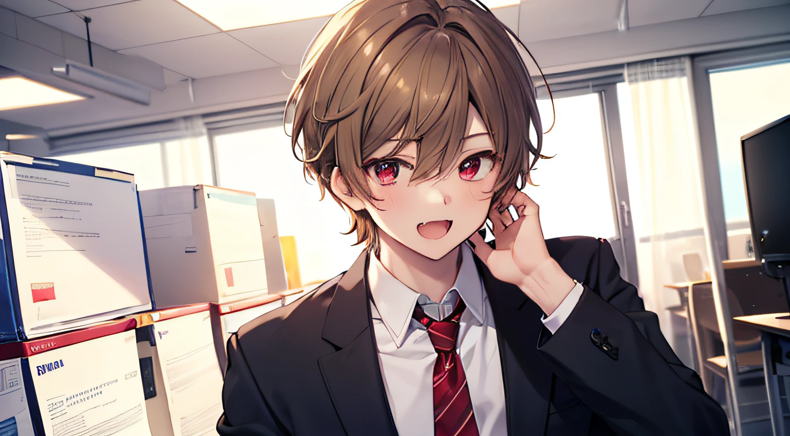 masterpiece,best quality,ultra detailed, ((((solo boy)))), ((mid-teen guy)),dynamic angle,light brown hair,red eyes,,hairs between eyes,gentle smile,suit, office,open mouth with skin fang,neutral,perfect face, good looking,slightly cute